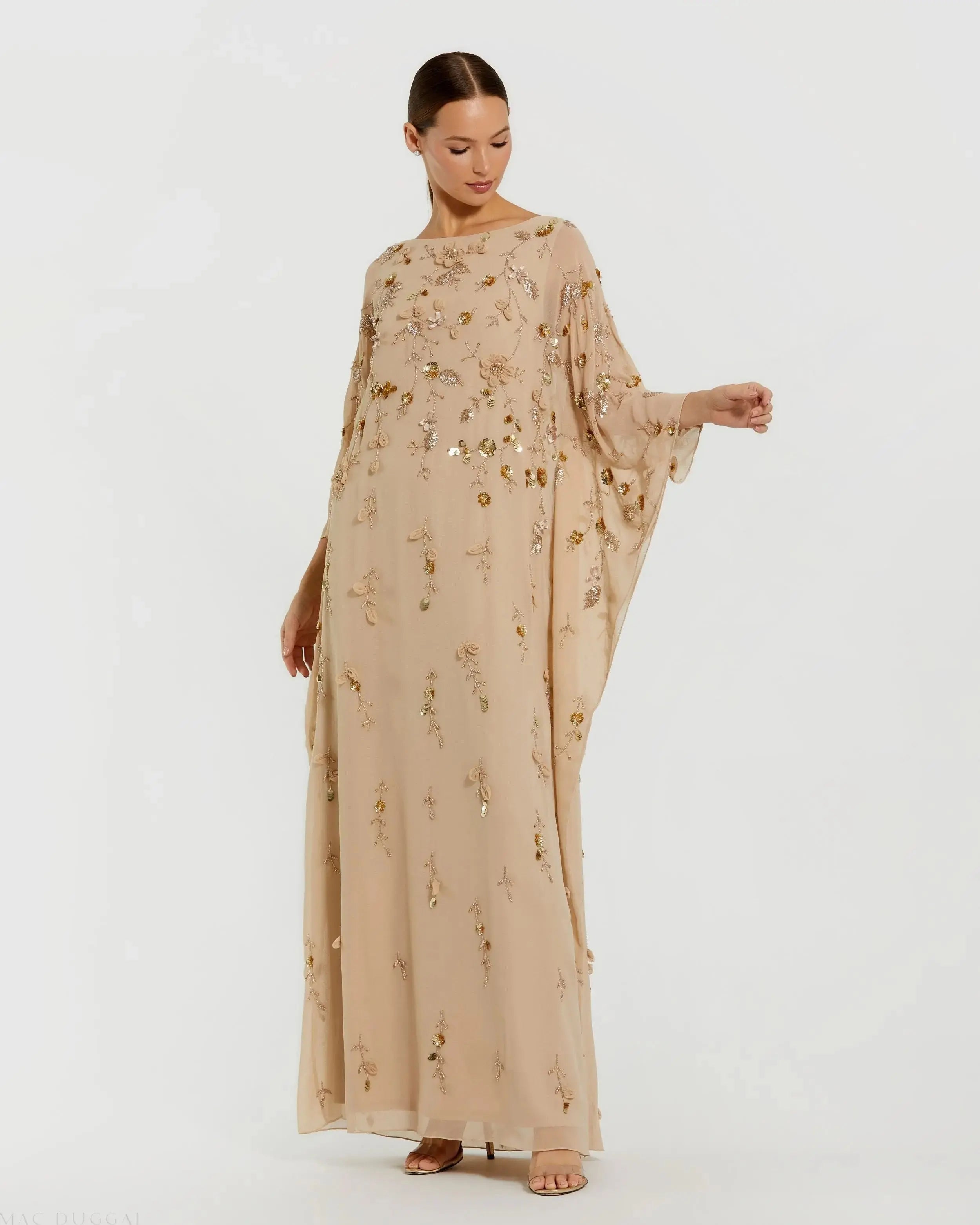 Beige Floral Embellished Kaftan Gown-Myartka
