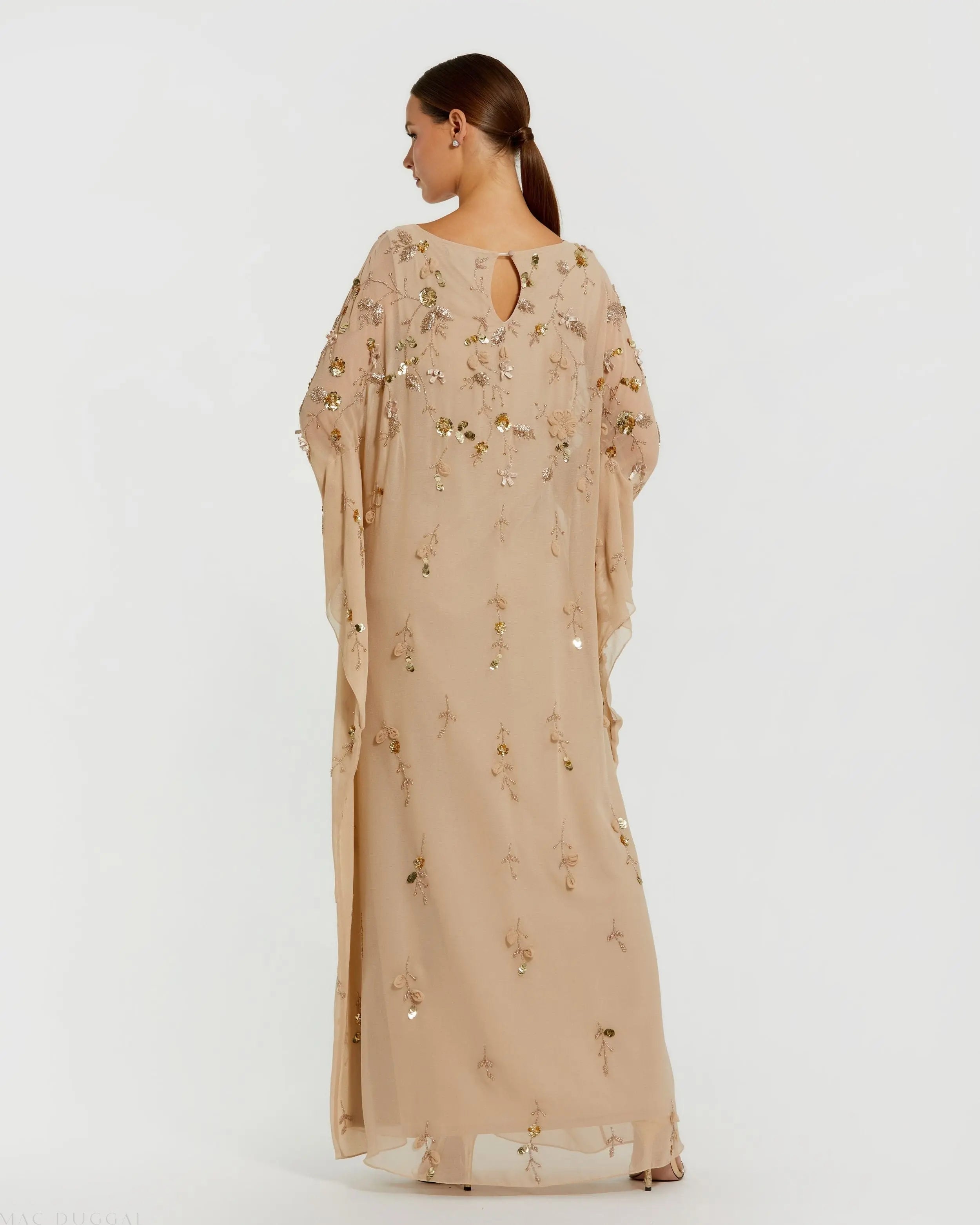 Beige Floral Embellished Kaftan Gown-Myartka