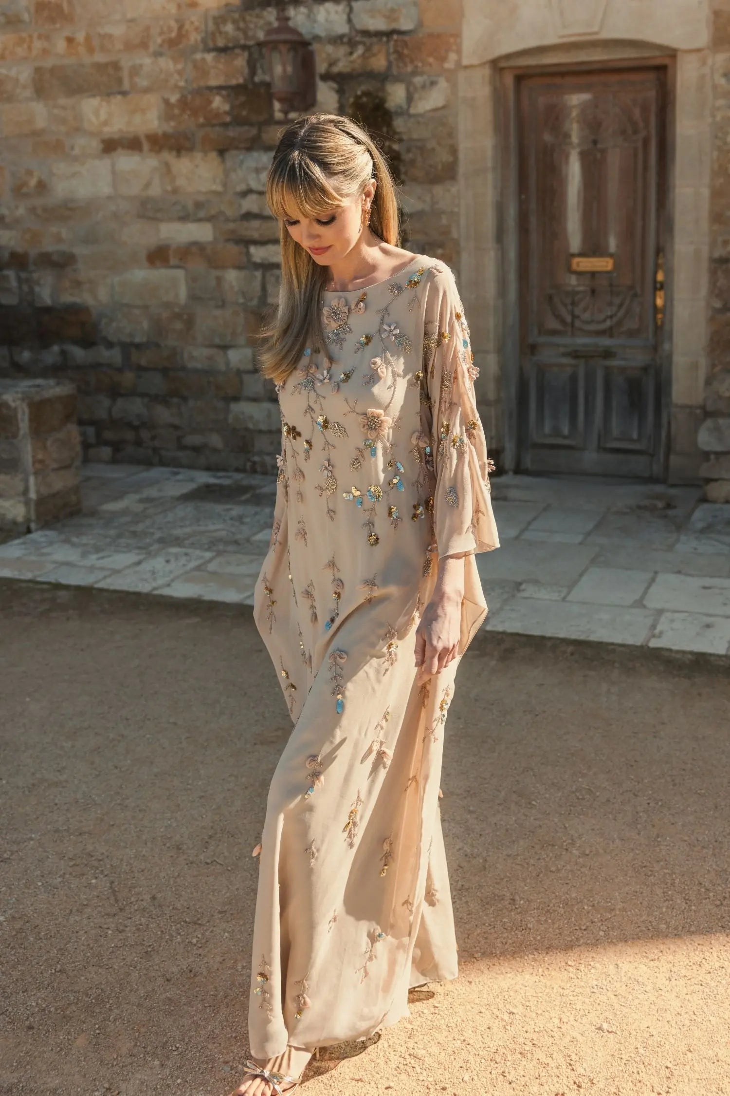 Beige Floral Embellished Kaftan Gown-Myartka