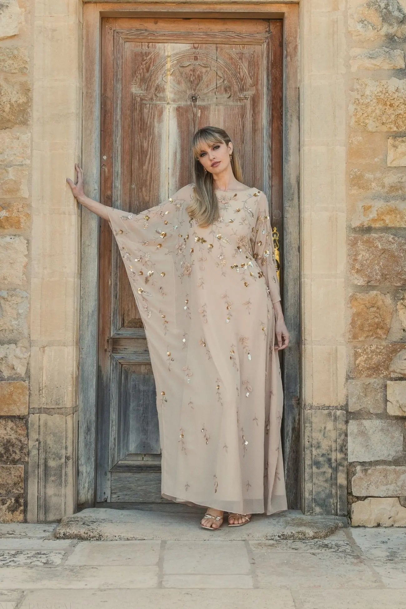 Beige Floral Embellished Kaftan Gown-Myartka