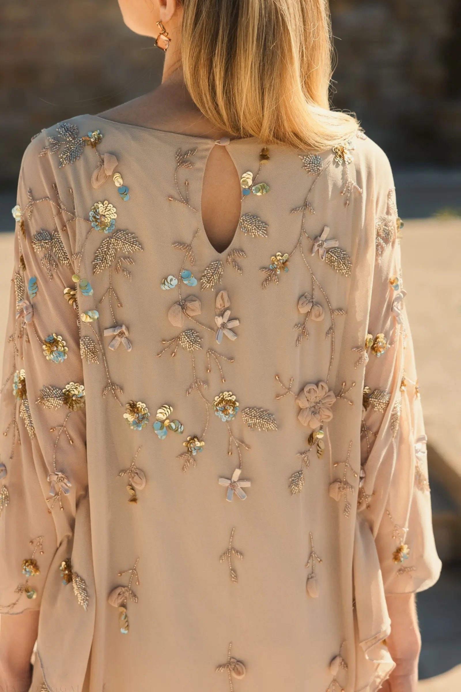 Beige Floral Embellished Kaftan Gown-Myartka