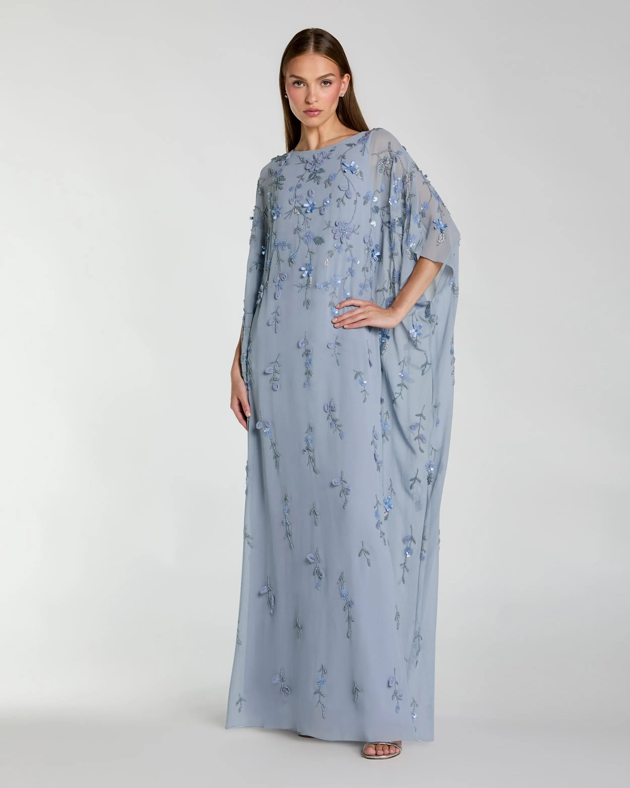 Blue Embellished Kaftan Gown With 3D Flowers-Myartka