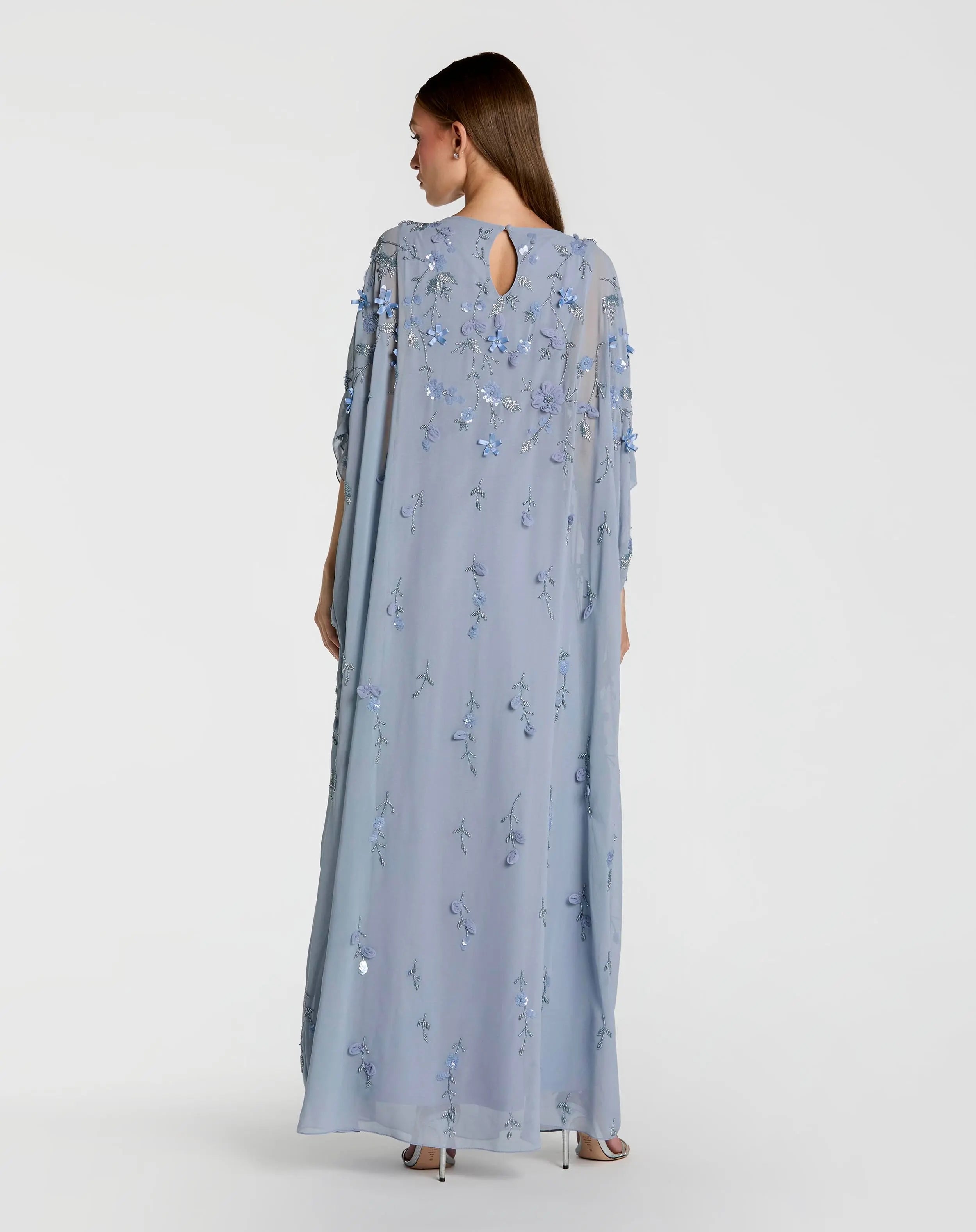 Blue Embellished Kaftan Gown With 3D Flowers-Myartka