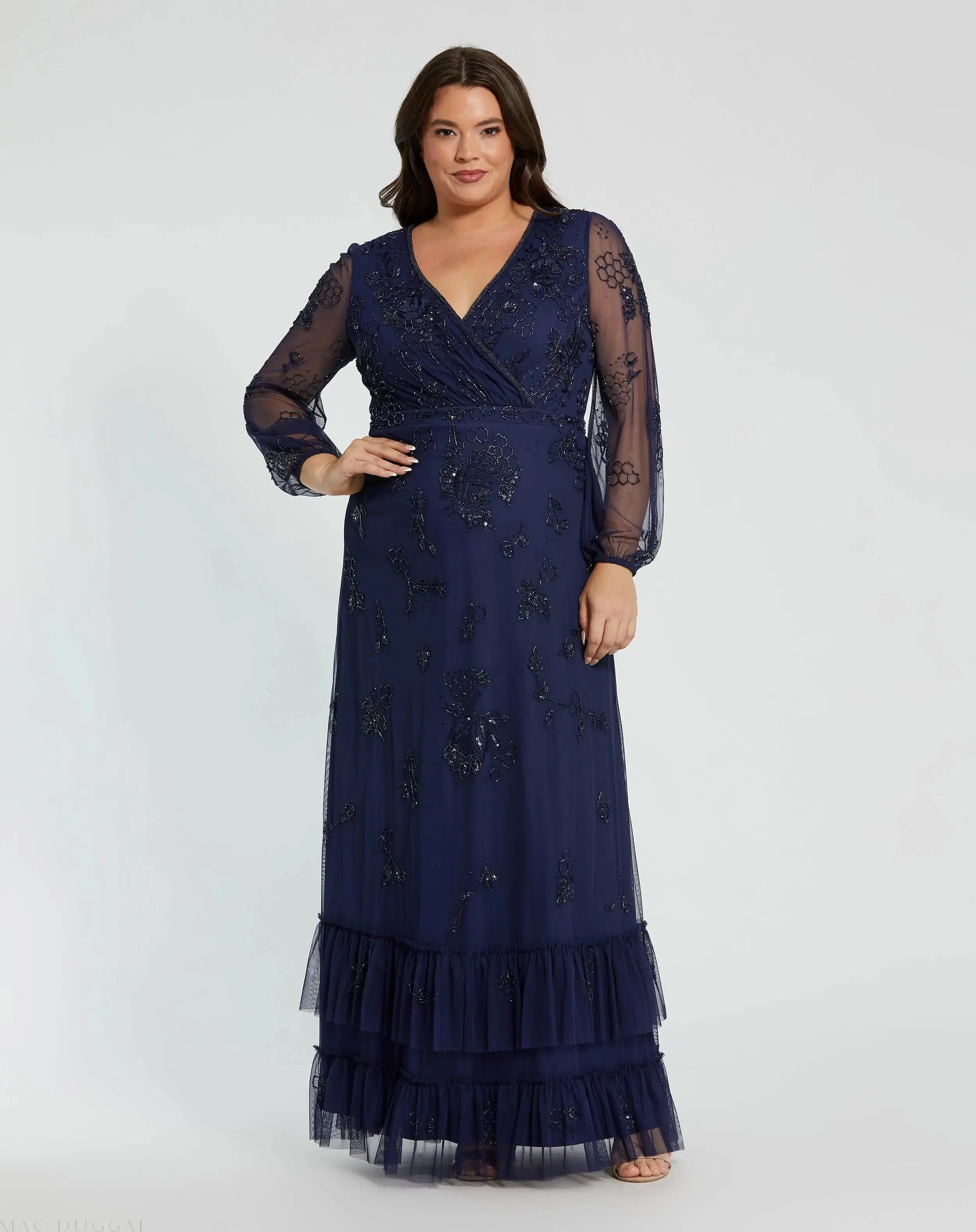 Navy Puff Sleeve V-Neck Tiered Embellished Gown (Plus)-Myartka