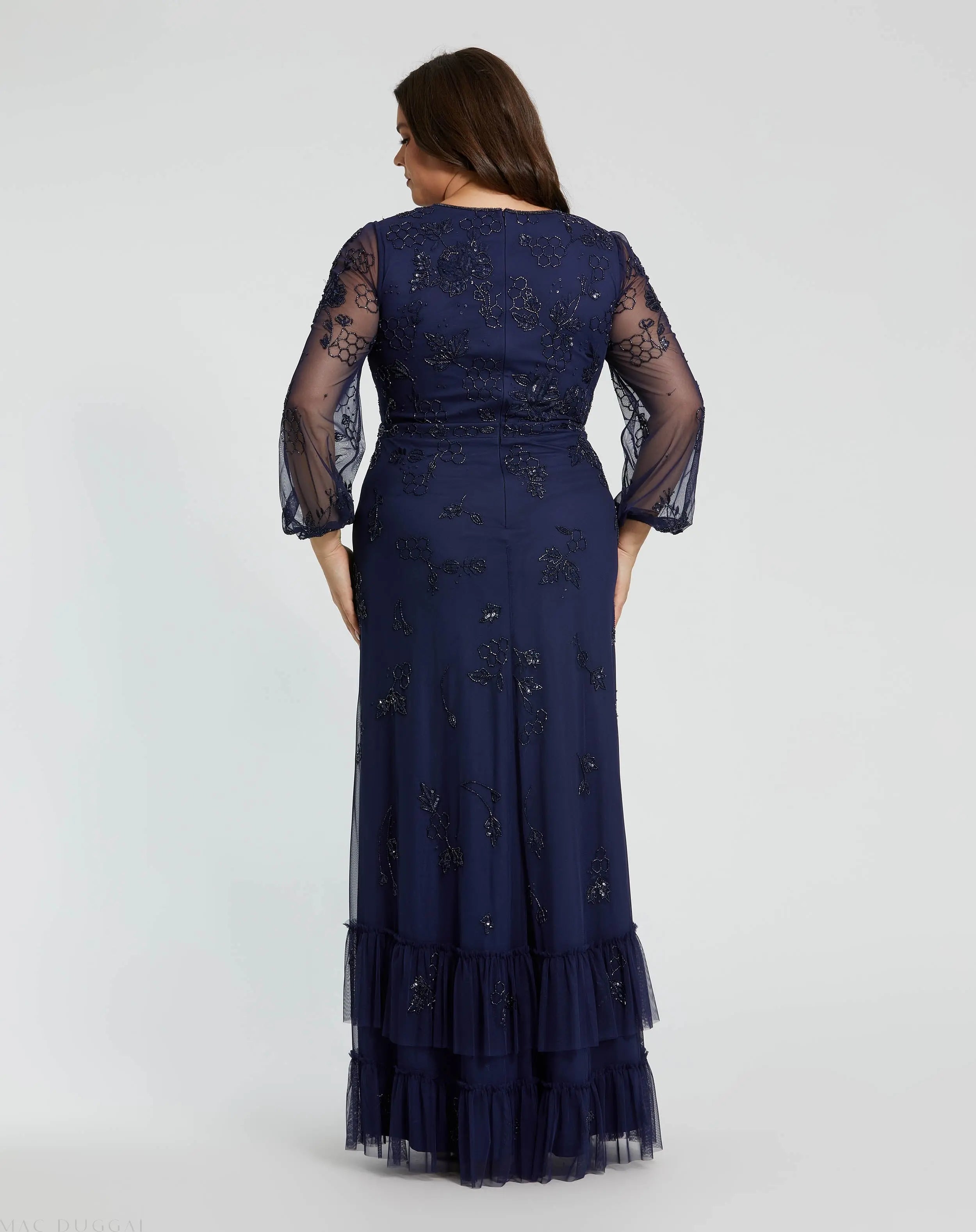 Navy Puff Sleeve V-Neck Tiered Embellished Gown (Plus)-Myartka