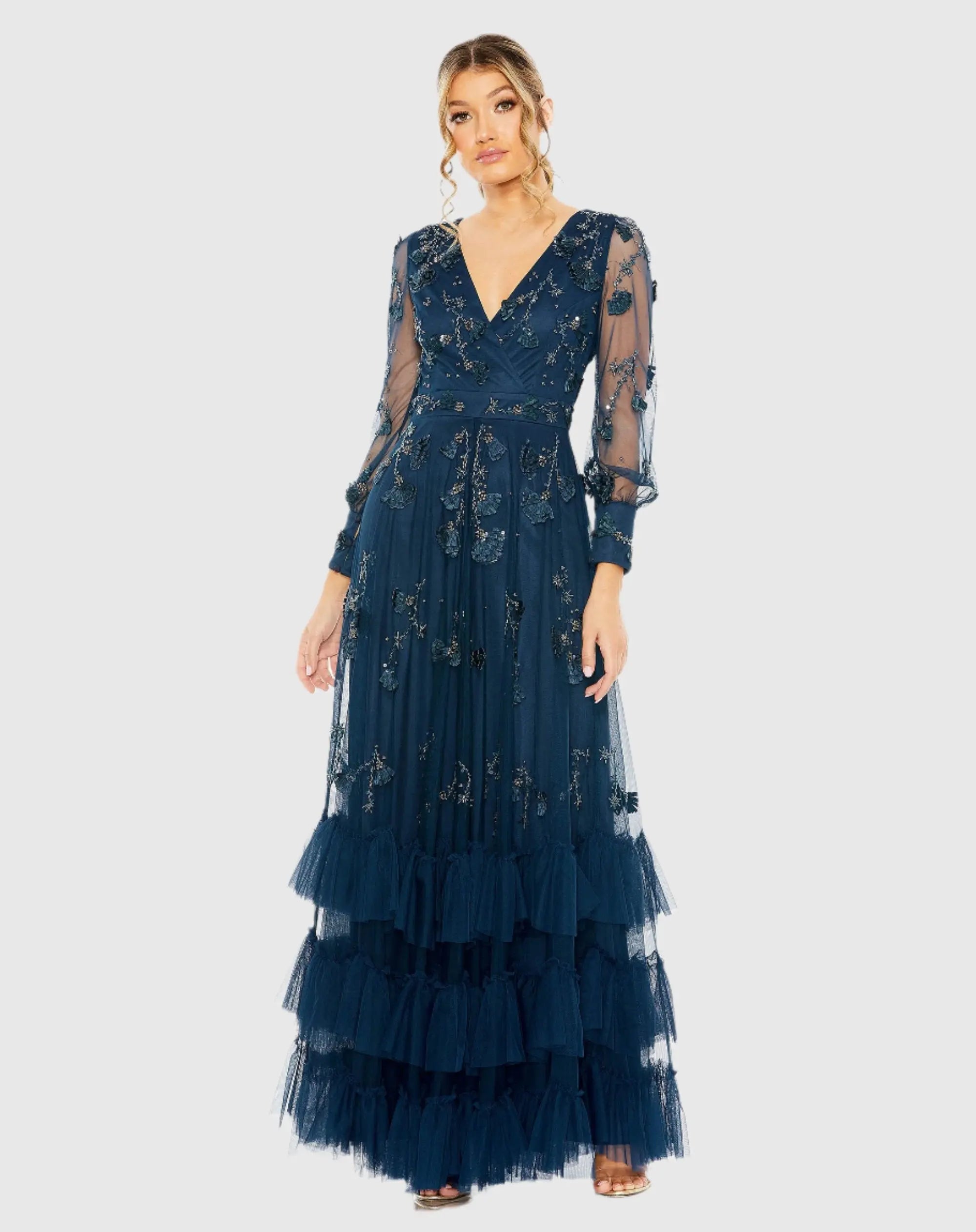 Navy Mesh Long Sleeve V-Neck Tiered A Line Gown-Myartka