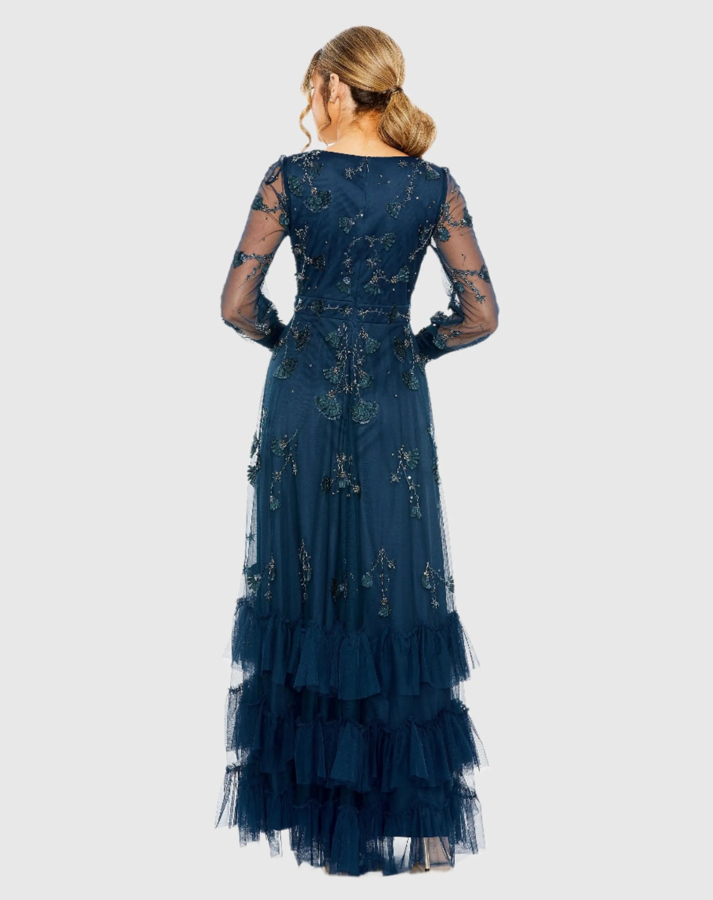 Navy Mesh Long Sleeve V-Neck Tiered A Line Gown-Myartka