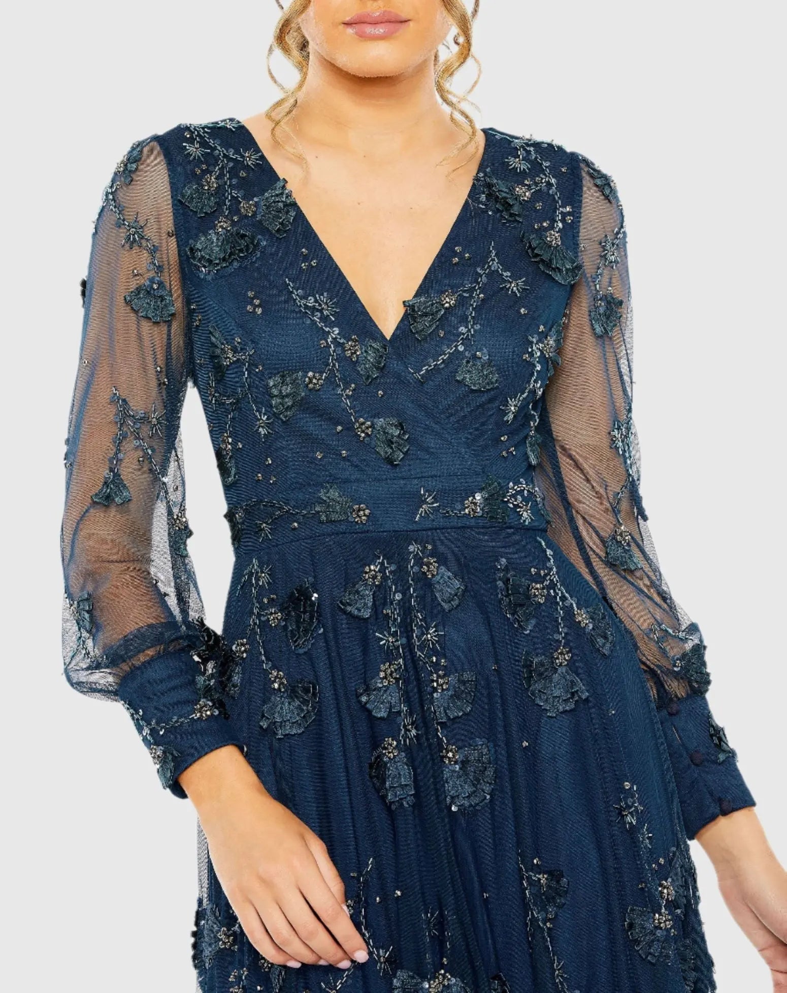 Navy Mesh Long Sleeve V-Neck Tiered A Line Gown-Myartka