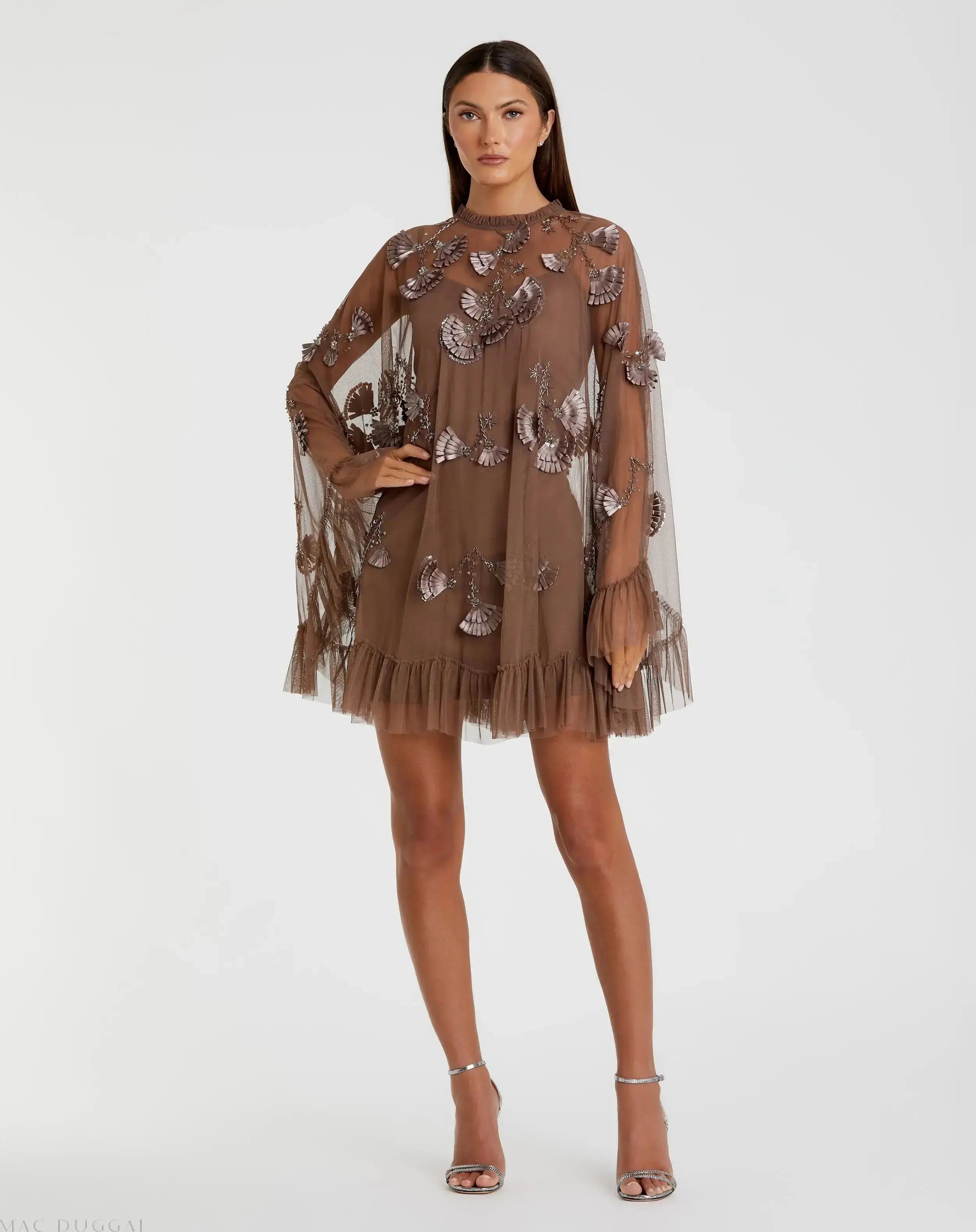 Brown Embellished Long Sleeve Trapeze Dress with Ruffle Hem-Myartka