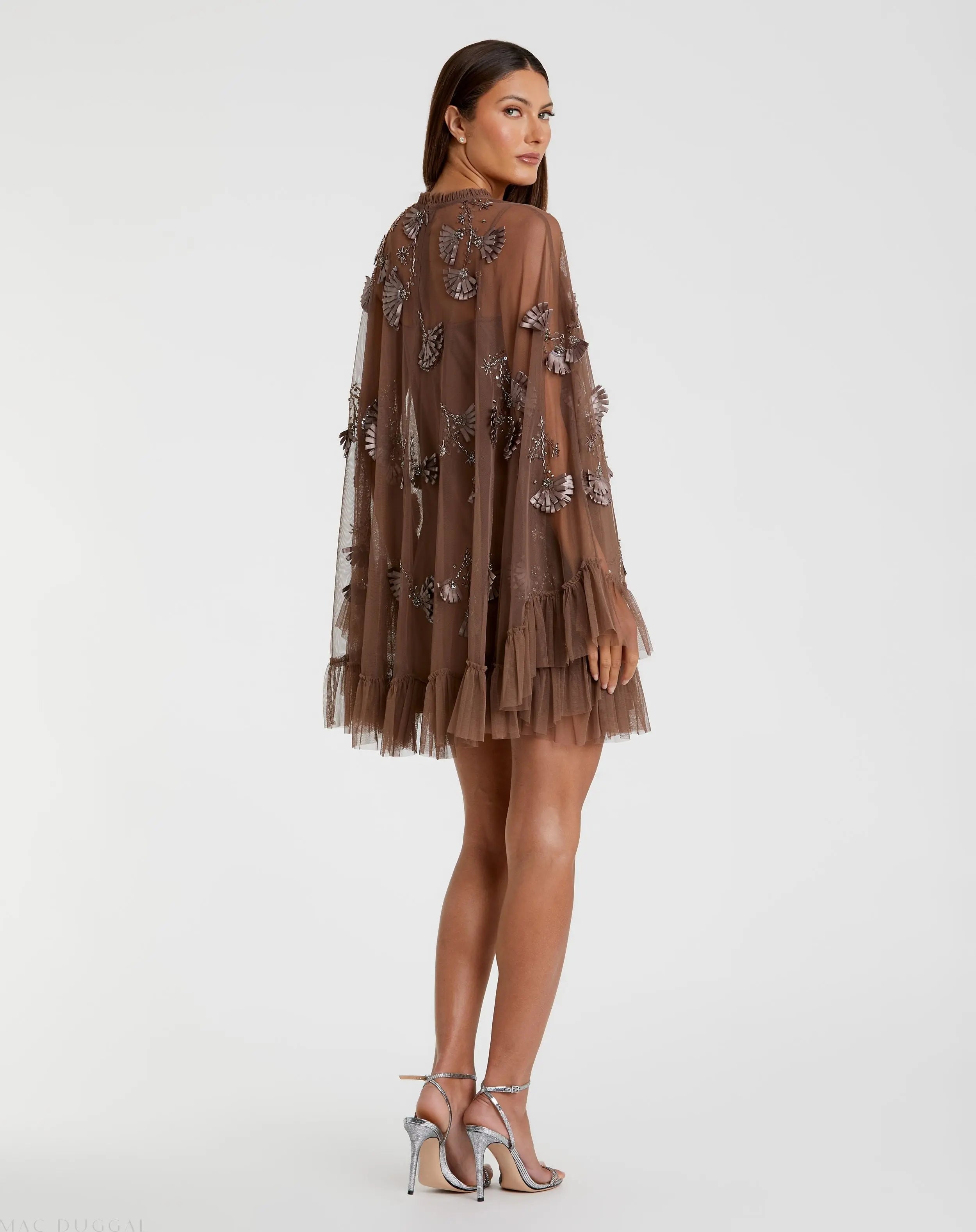 Brown Embellished Long Sleeve Trapeze Dress with Ruffle Hem-Myartka