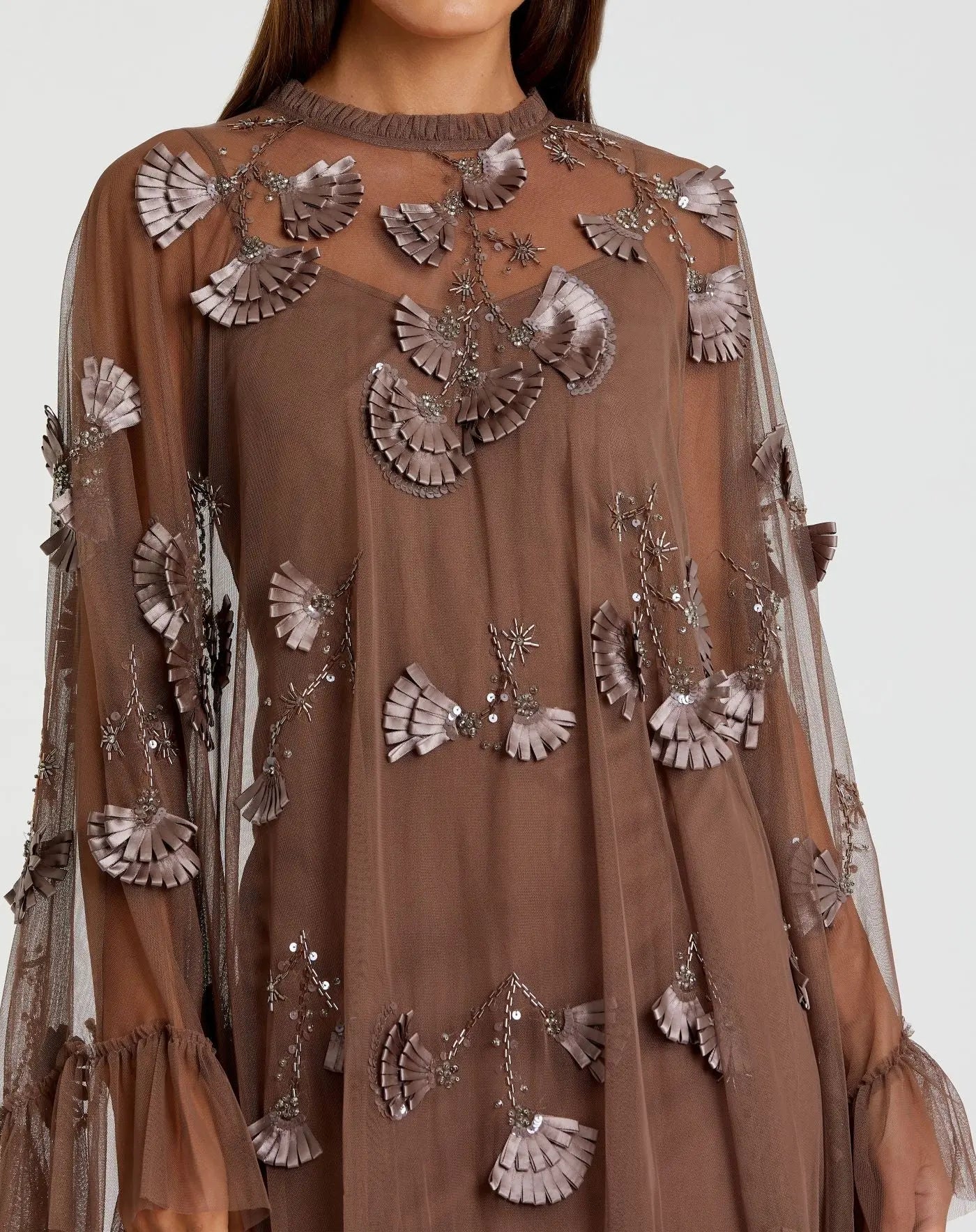 Brown Embellished Long Sleeve Trapeze Dress with Ruffle Hem-Myartka