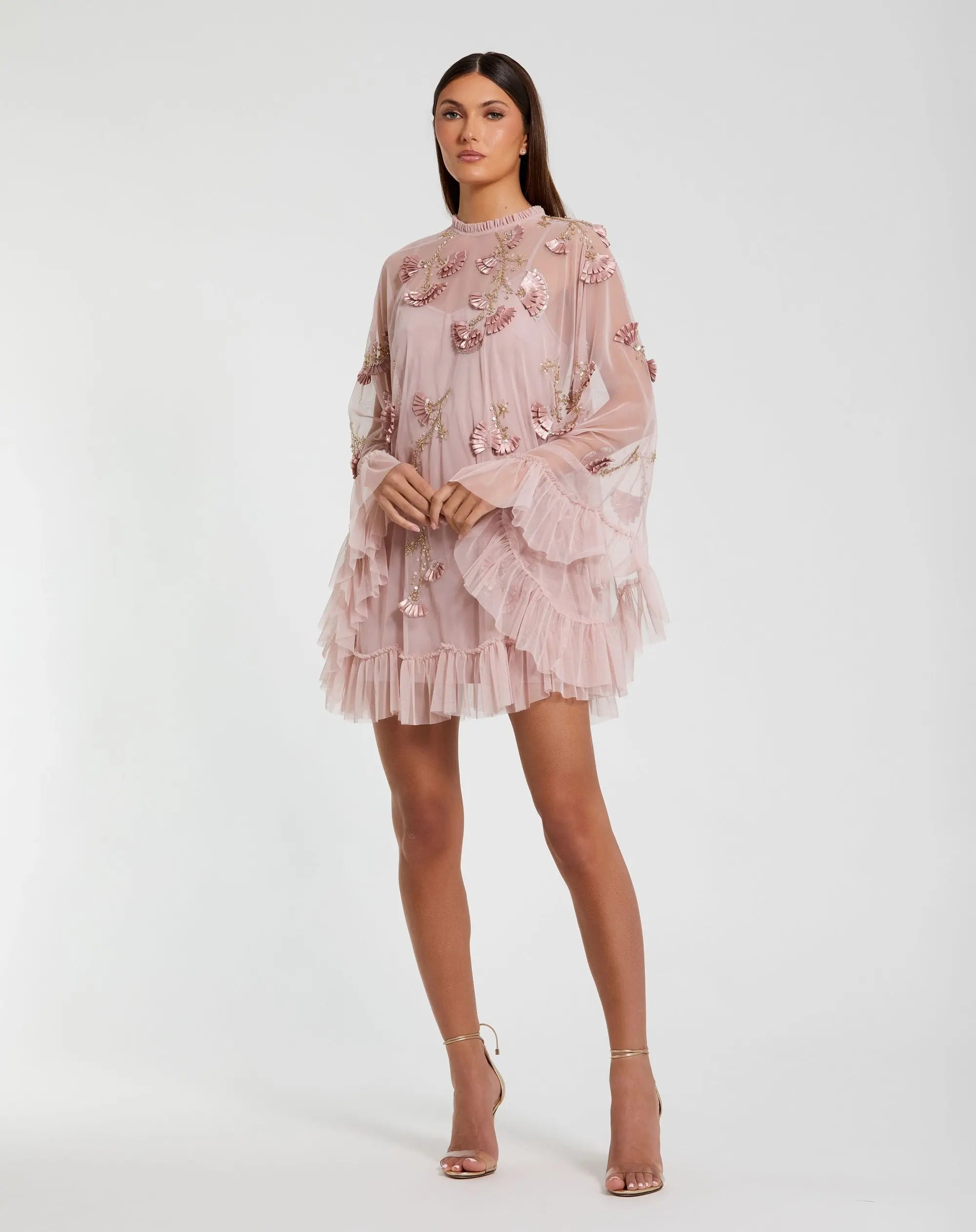 Embellished Long Flare Sleeve Mesh A-Line Dress-Myartka