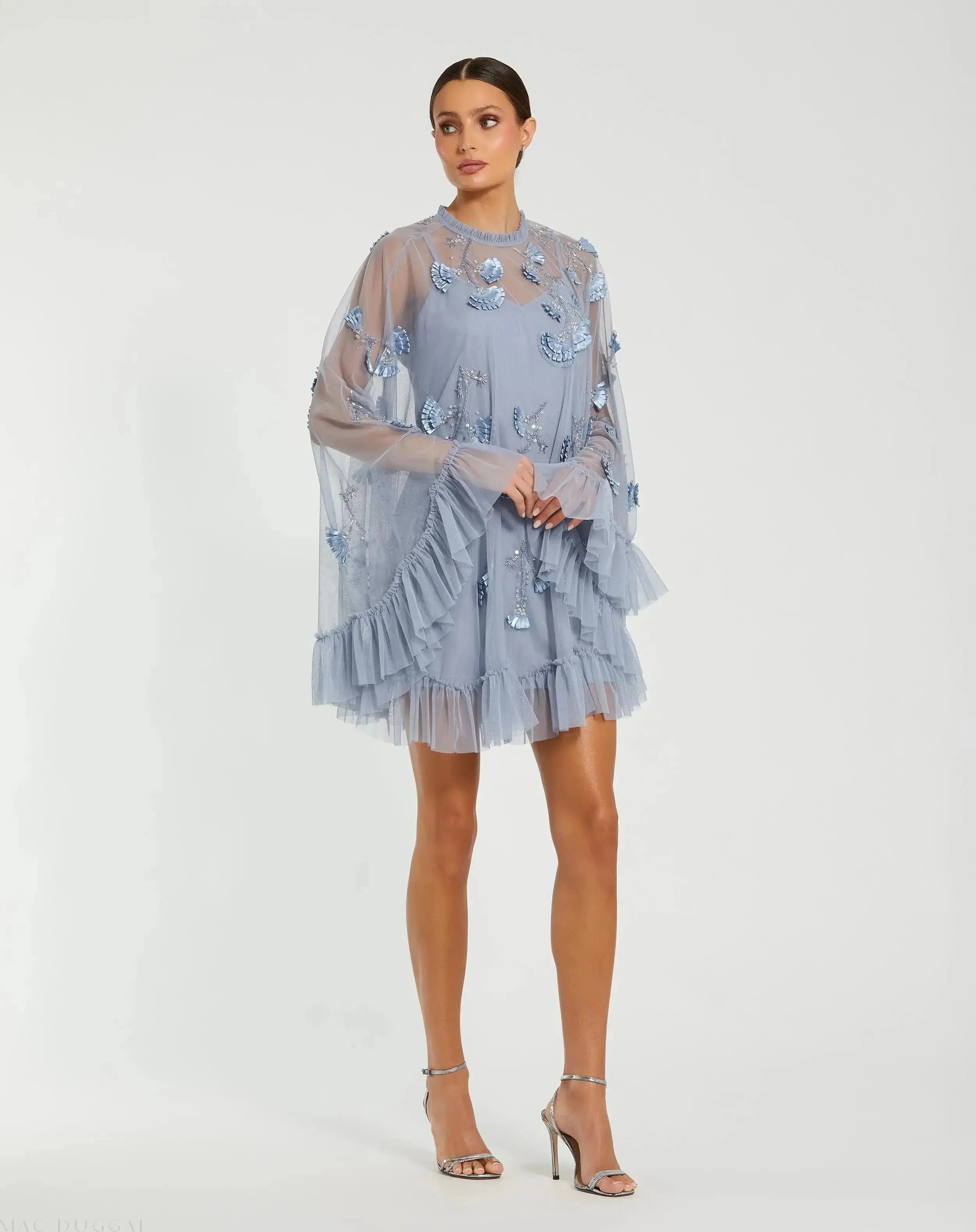 Blue Embellished Long Sleeve Trapeze Dress with Ruffle Hem-Myartka