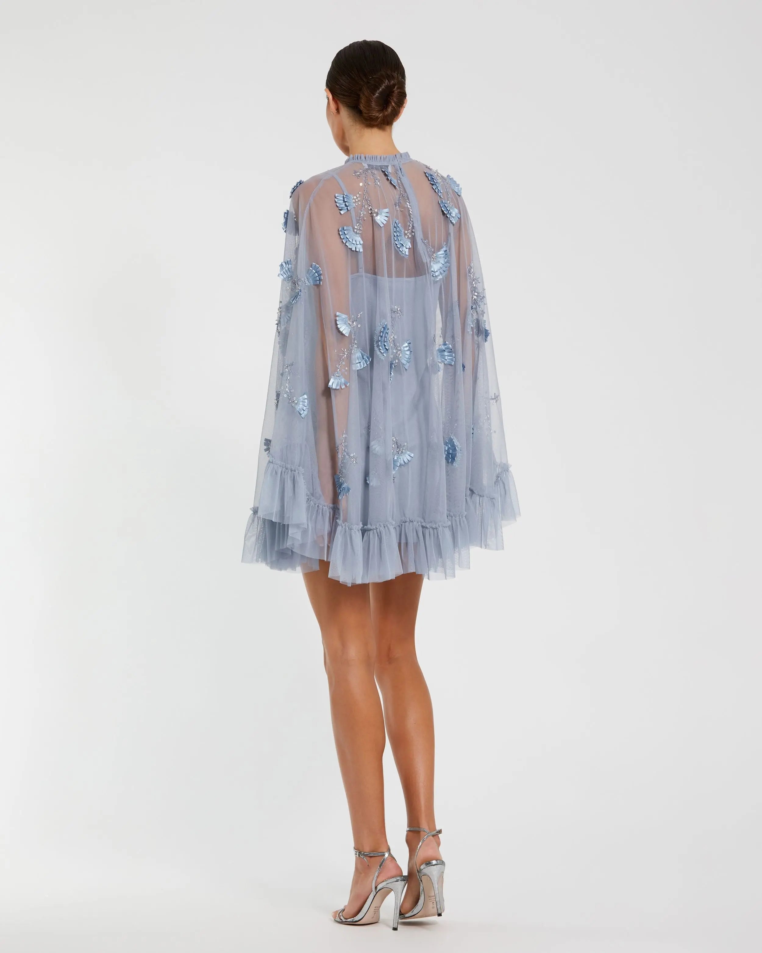 Blue Embellished Long Sleeve Trapeze Dress with Ruffle Hem-Myartka
