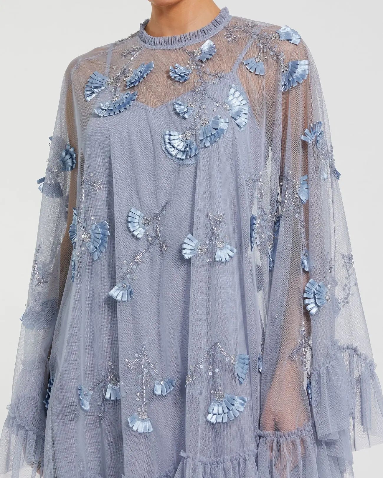 Blue Embellished Long Sleeve Trapeze Dress with Ruffle Hem-Myartka