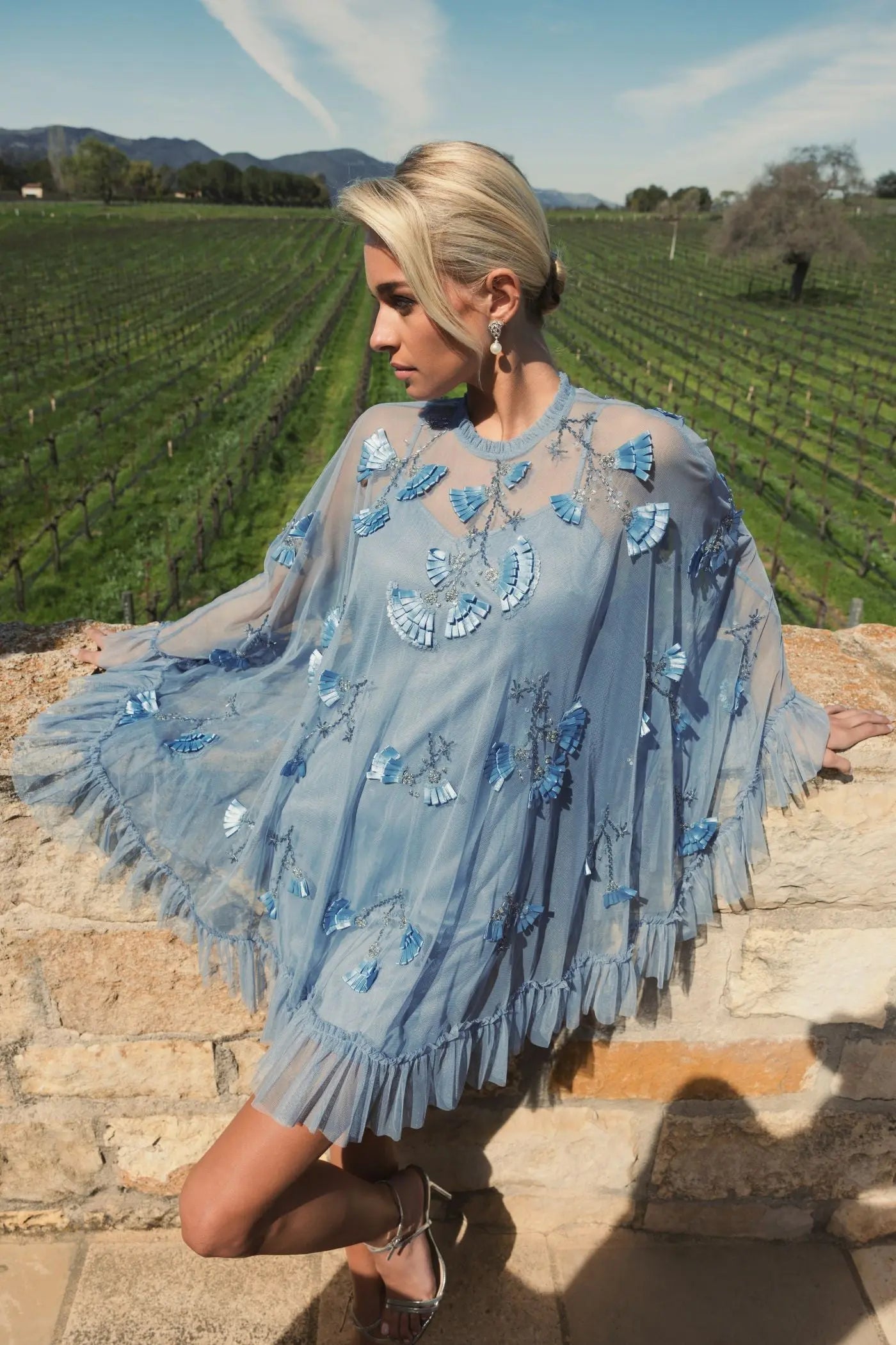 Blue Embellished Long Sleeve Trapeze Dress with Ruffle Hem-Myartka