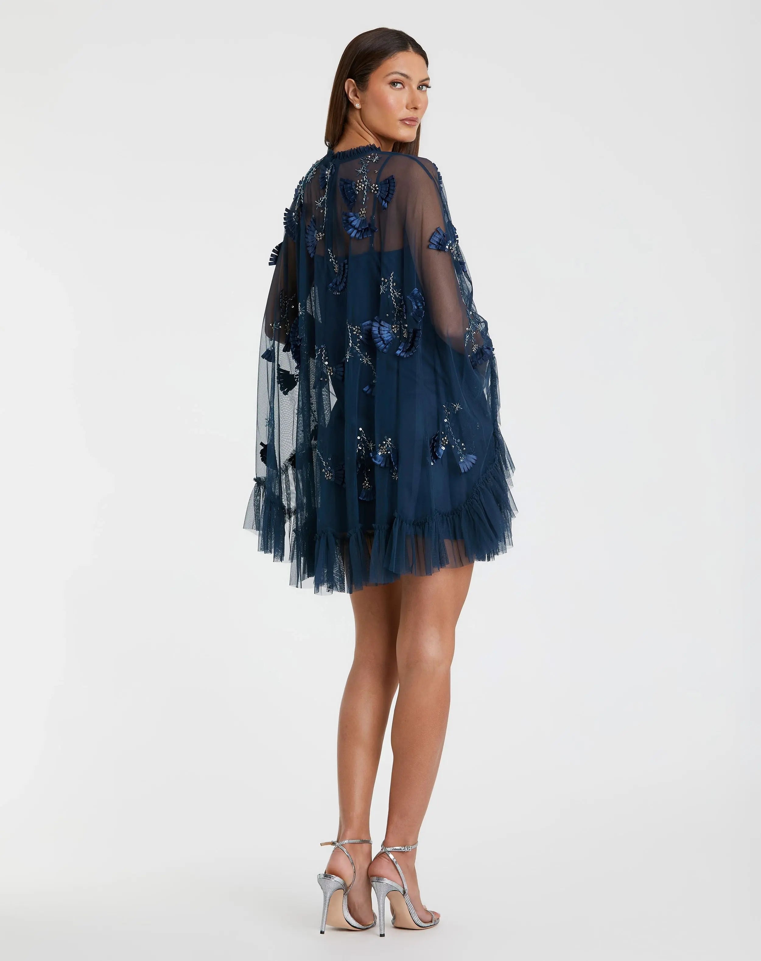 Navy Embellished Long Sleeve Trapeze Dress with Ruffle Hem-Myartka