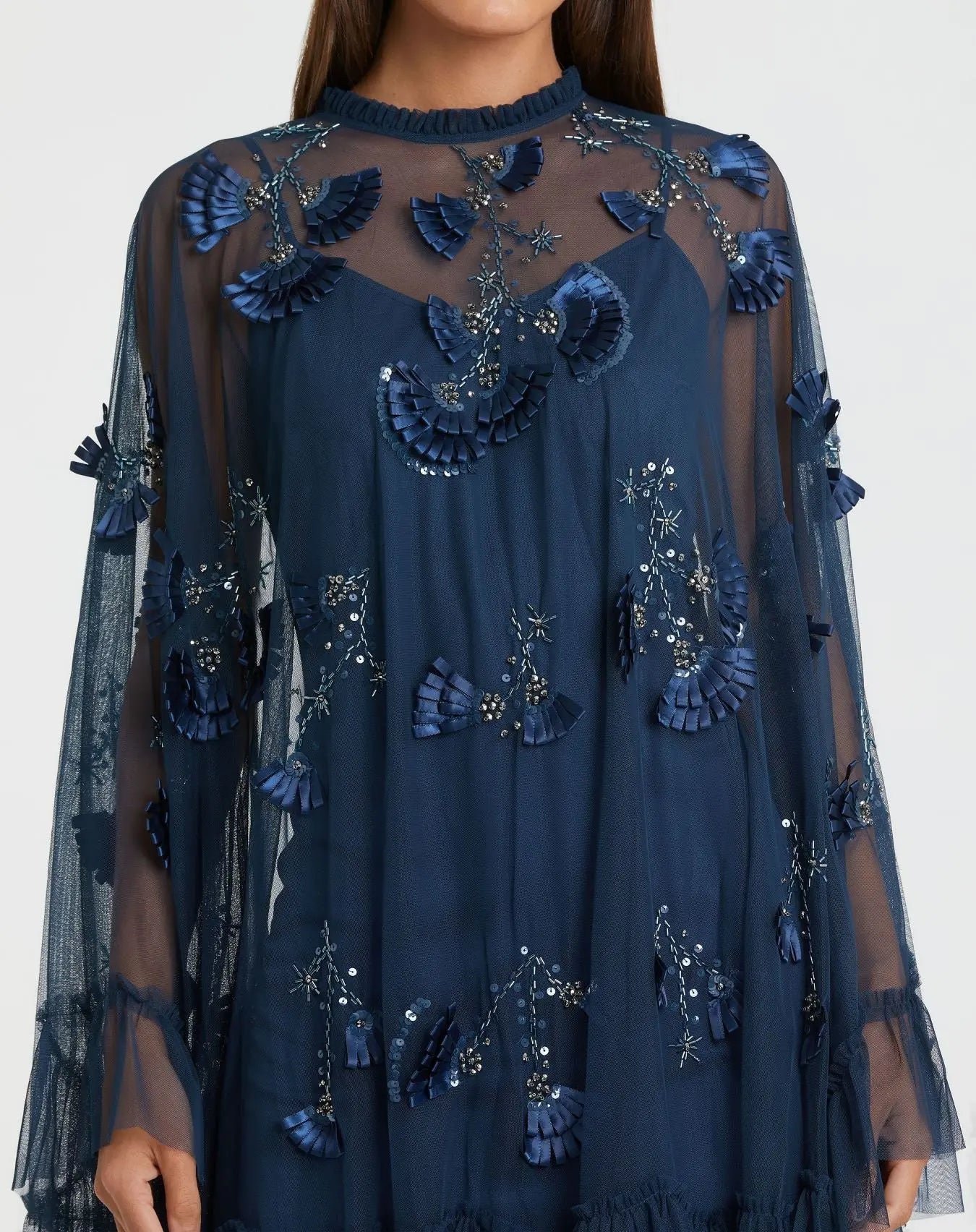 Navy Embellished Long Sleeve Trapeze Dress with Ruffle Hem-Myartka