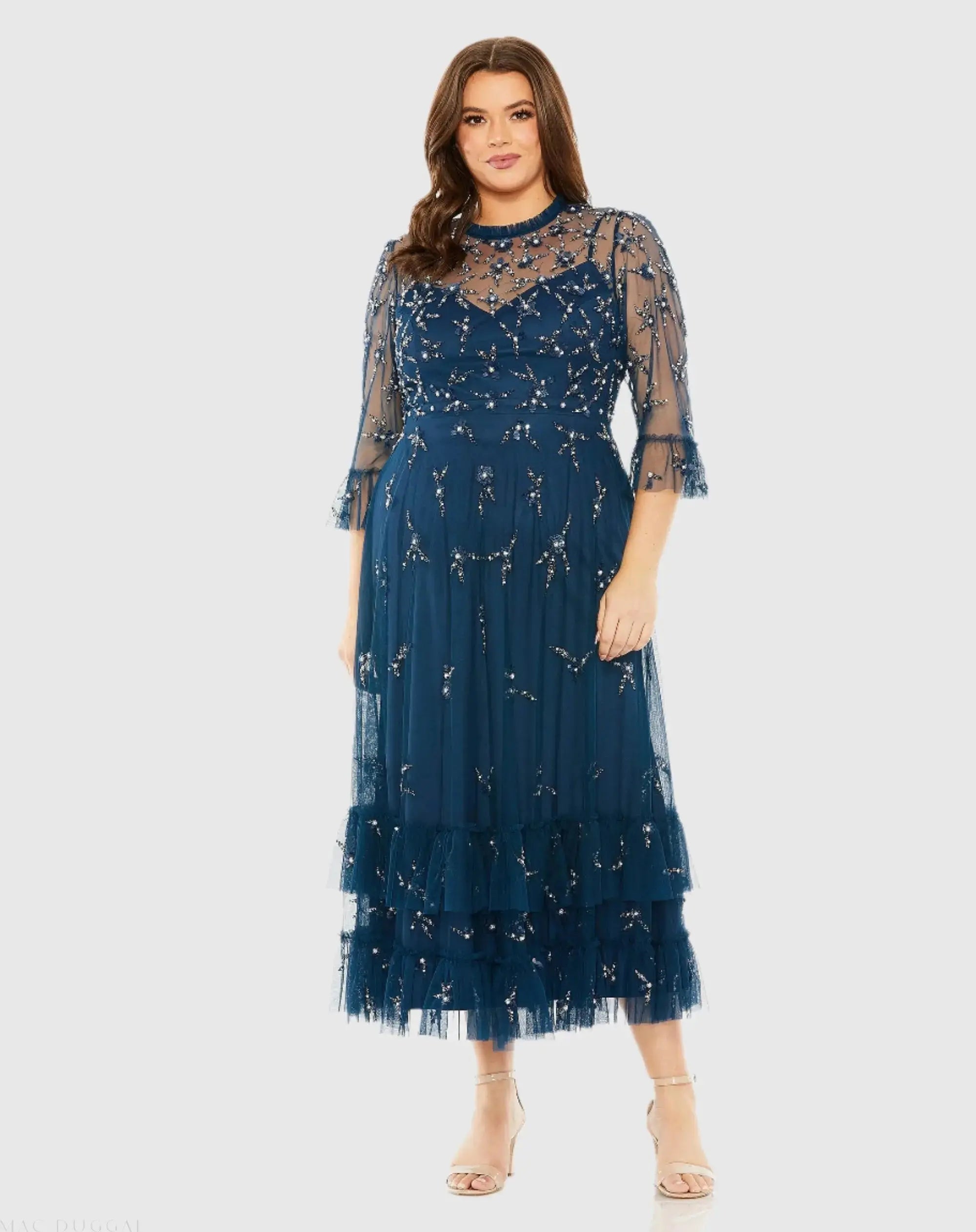 High Neck Embellished Flutter Half Length Sleeve Dress-Myartka