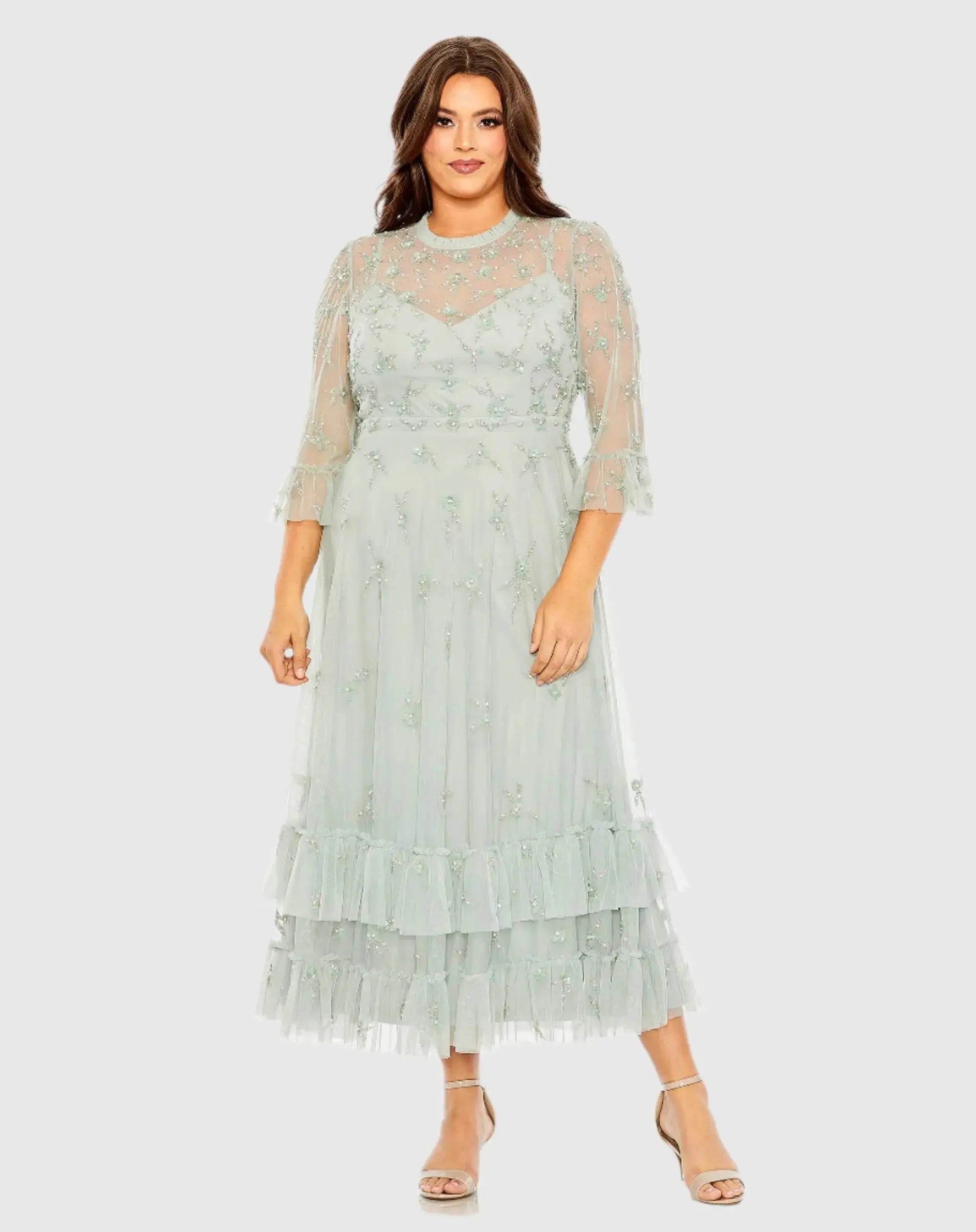 Embellished High Neck Sage Green Dress (Plus)-Myartka