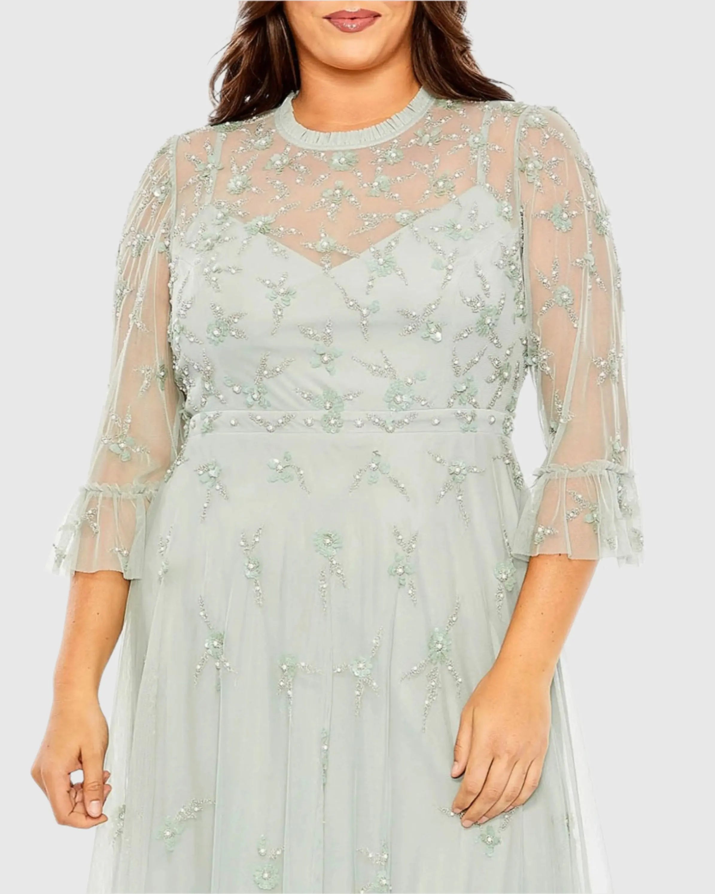 Embellished High Neck Sage Green Dress (Plus)-Myartka