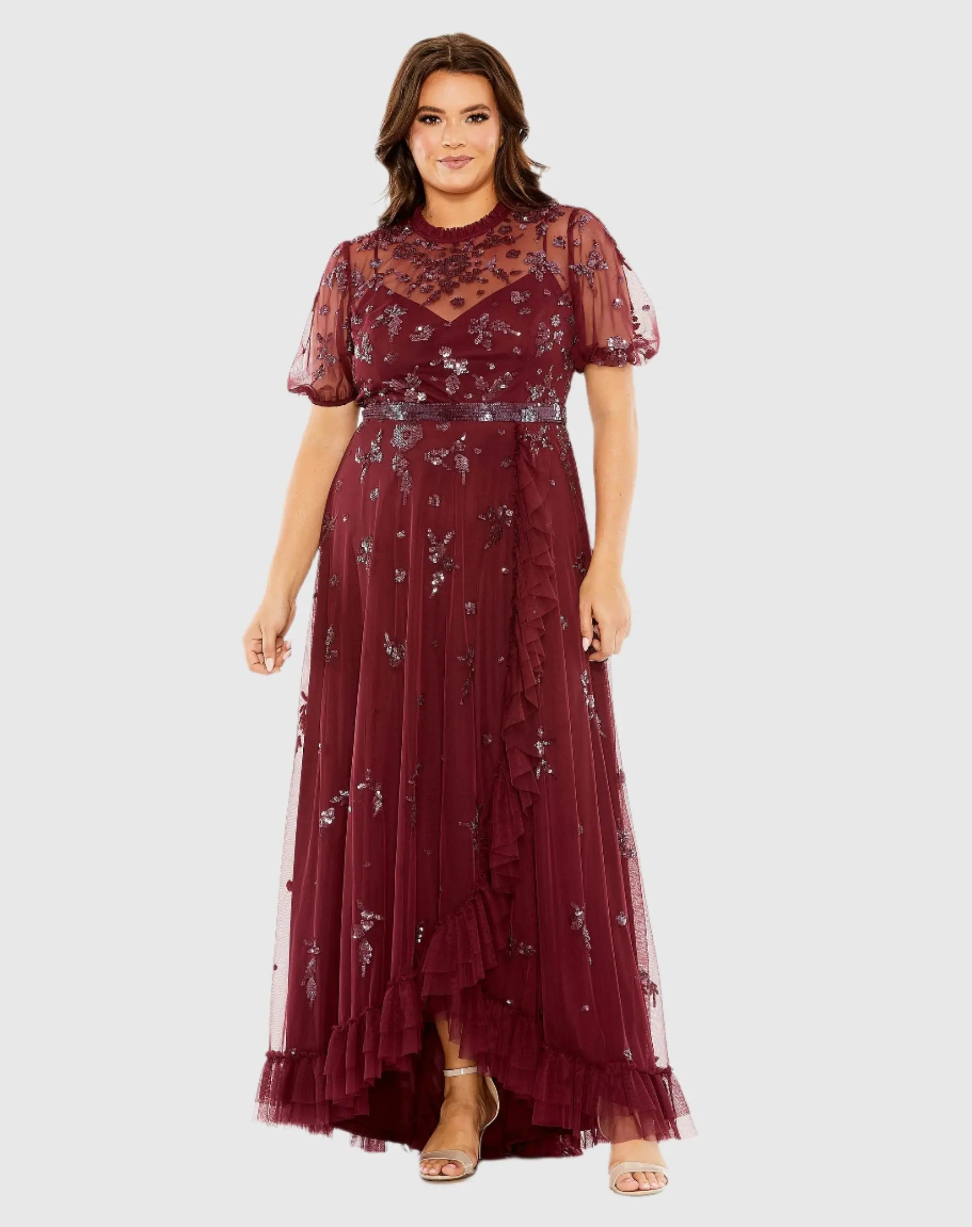 Red Short Sleeve Embellished Faux Wrap Gown (Plus)-Myartka
