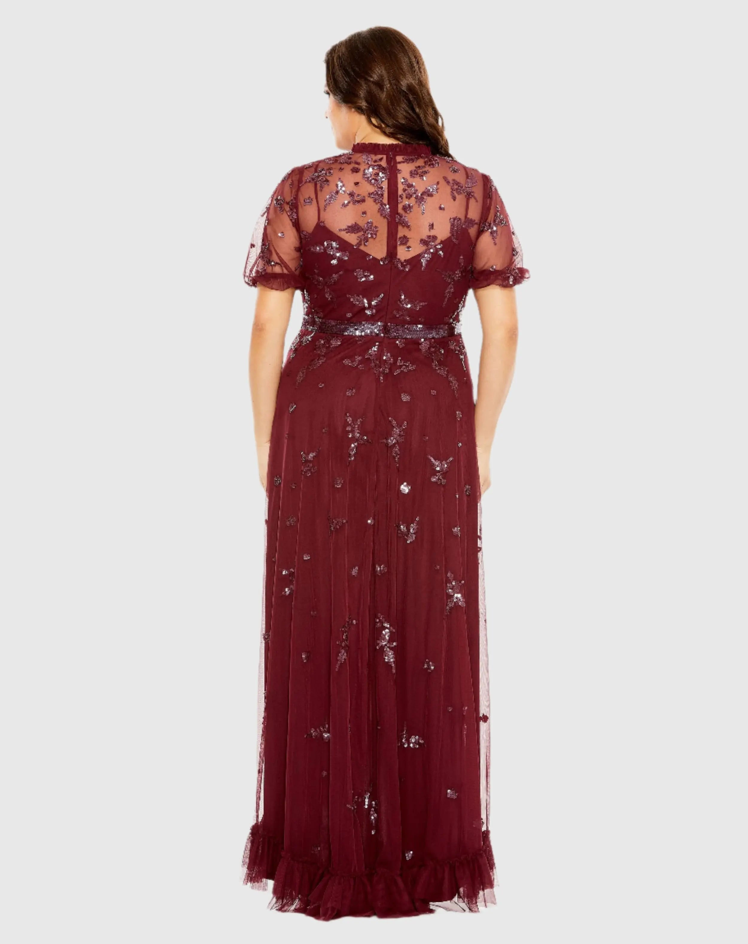 Red Short Sleeve Embellished Faux Wrap Gown (Plus)-Myartka
