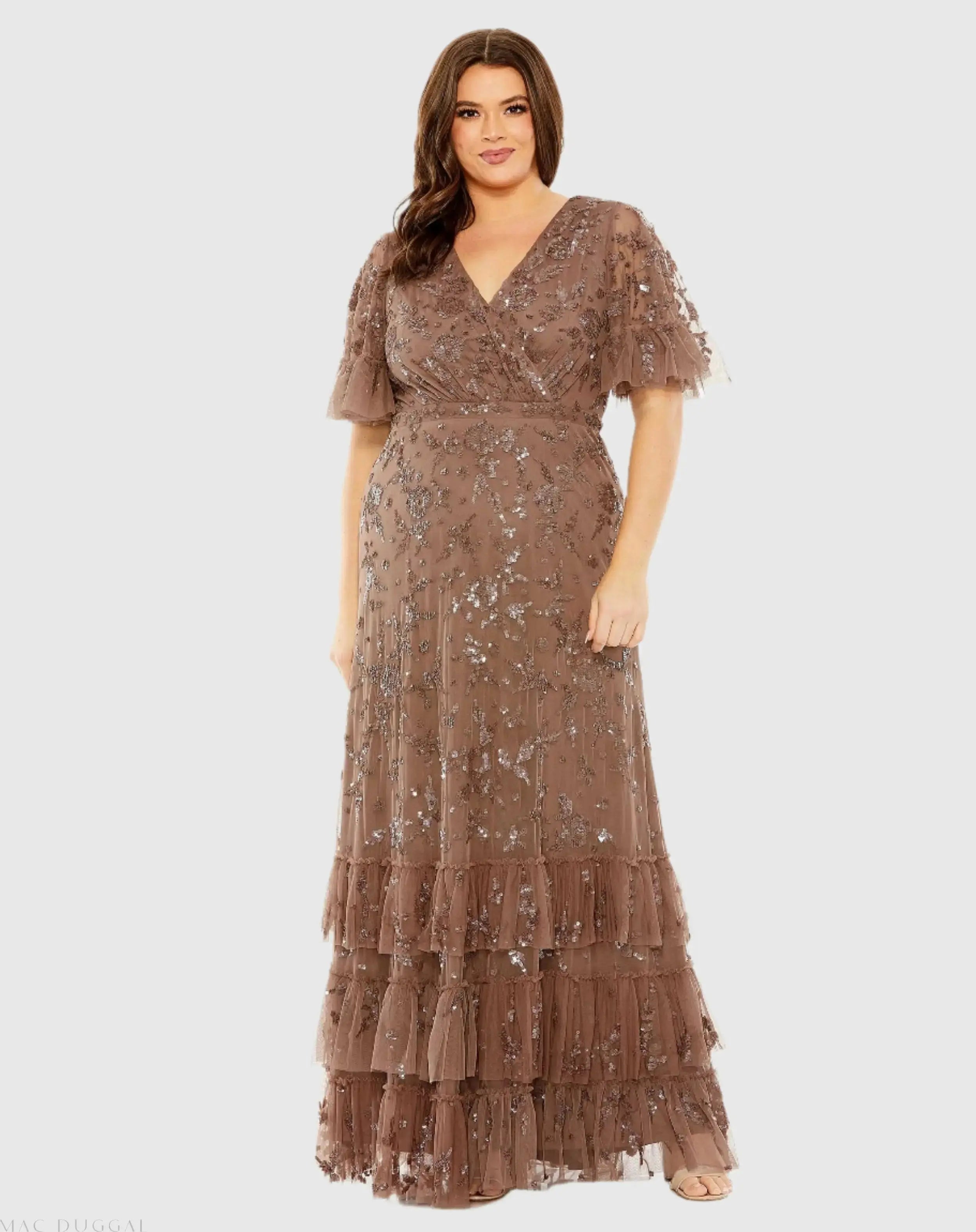 Sequin Embellished Flutter Sleeve Faux Wrap V-Neck Tiered Gown-Myartka