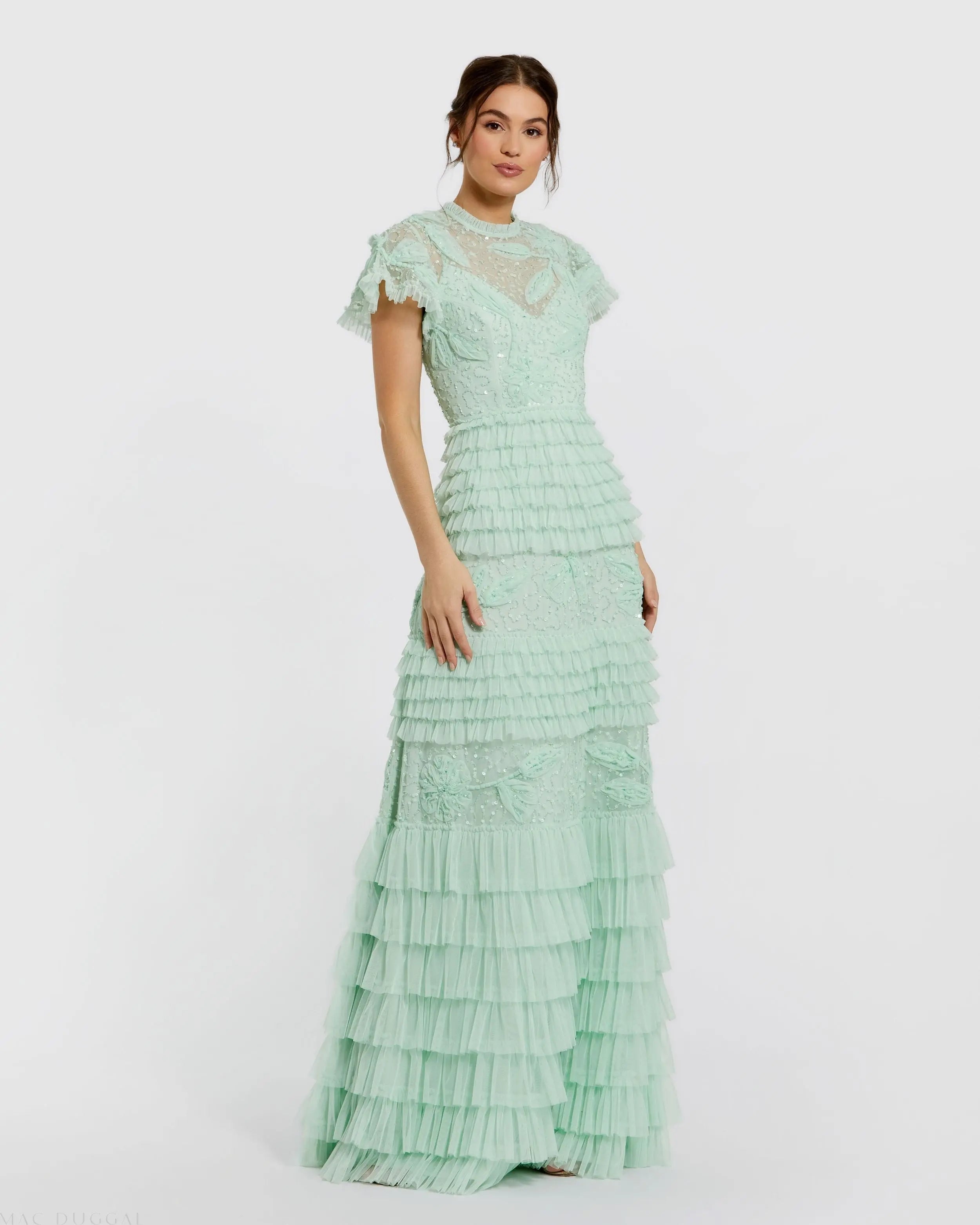 Green Beaded Mesh High Neck Micro Ruffle Gown-Myartka
