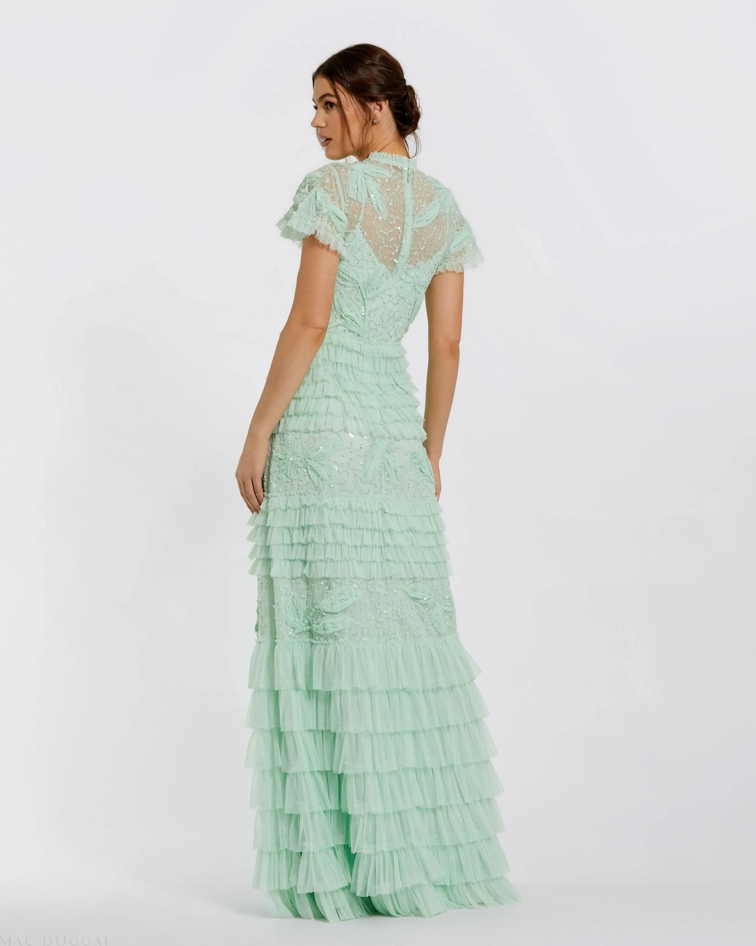 Green Beaded Mesh High Neck Micro Ruffle Gown-Myartka