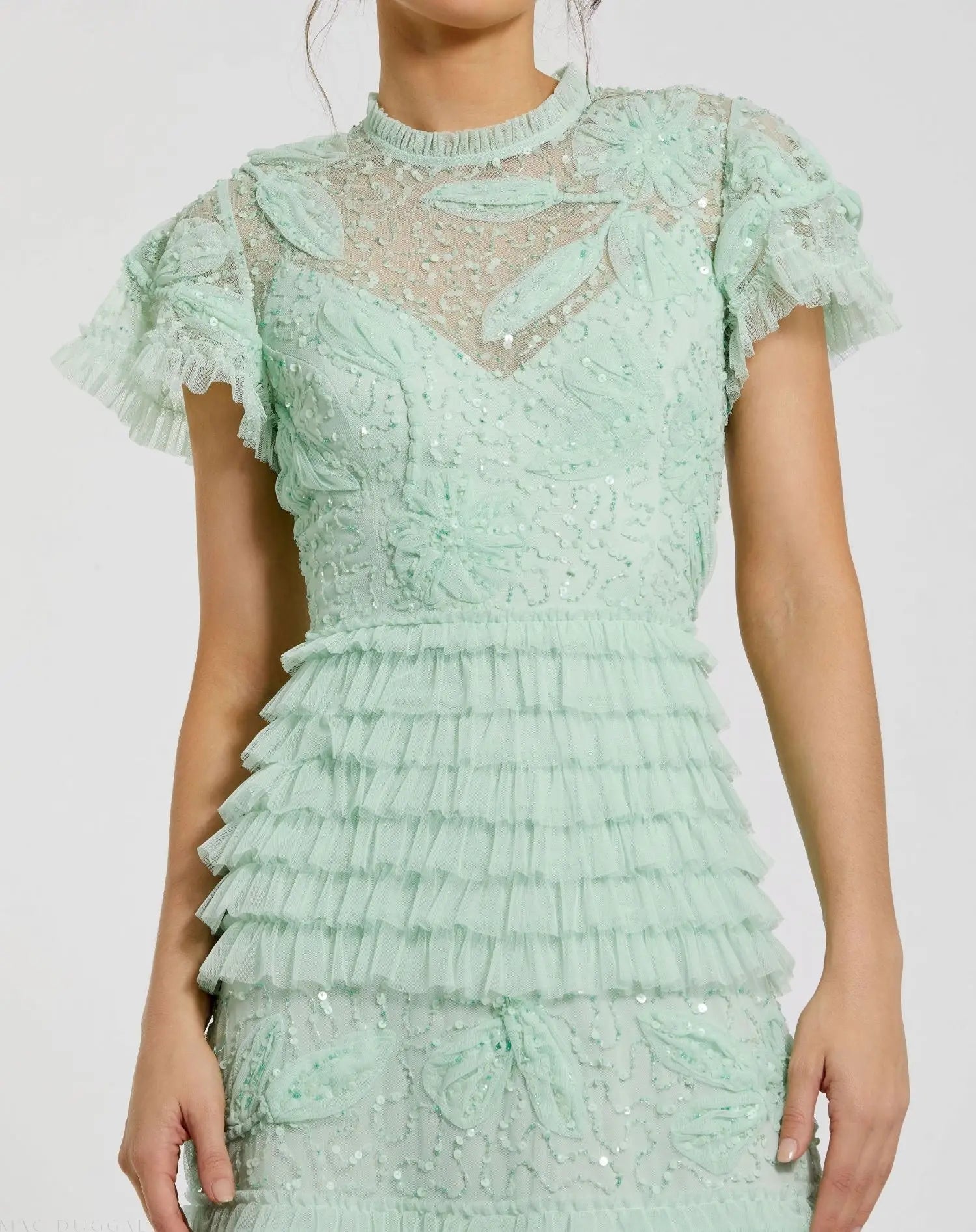 Green Beaded Mesh High Neck Micro Ruffle Gown-Myartka