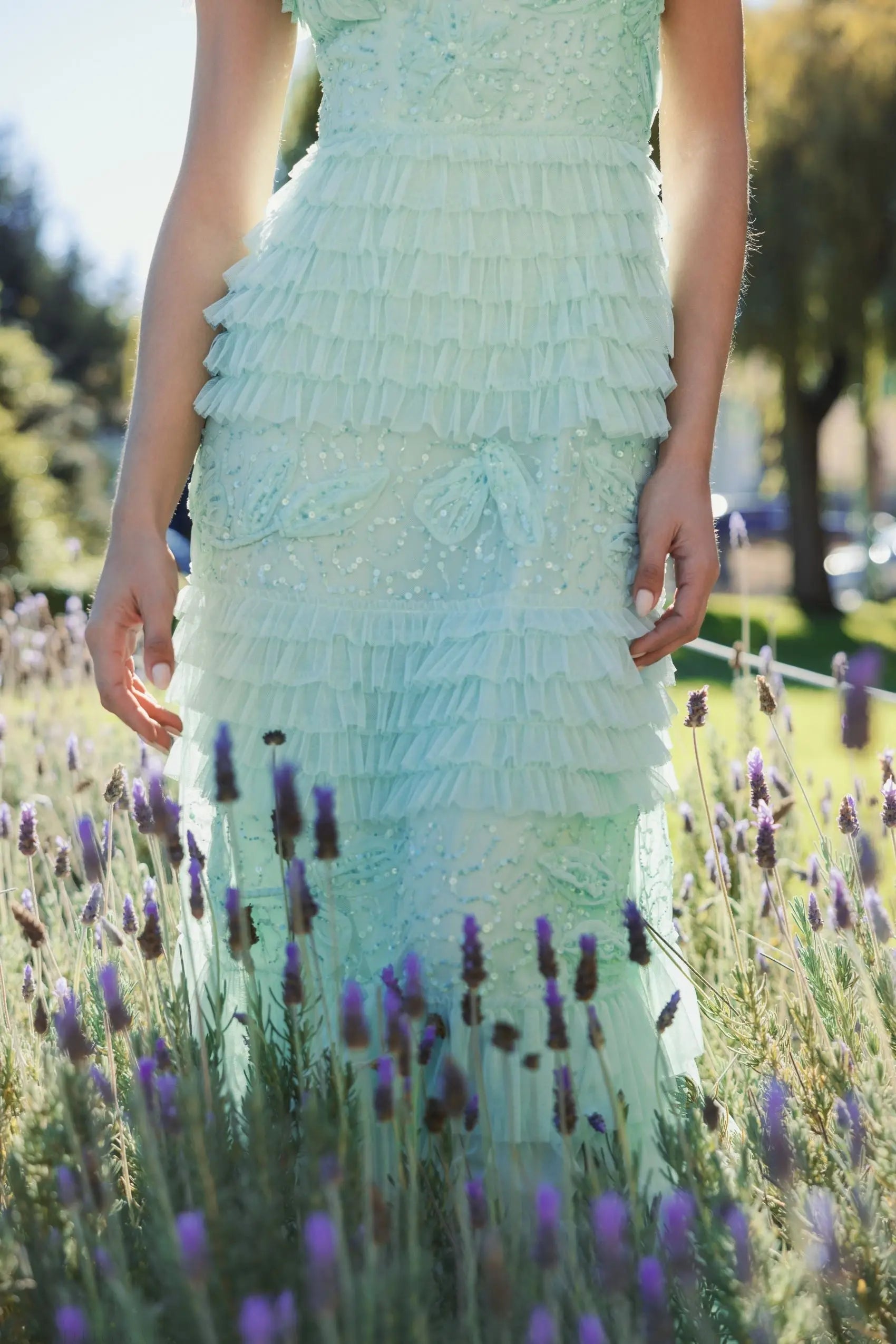 Green Beaded Mesh High Neck Micro Ruffle Gown-Myartka