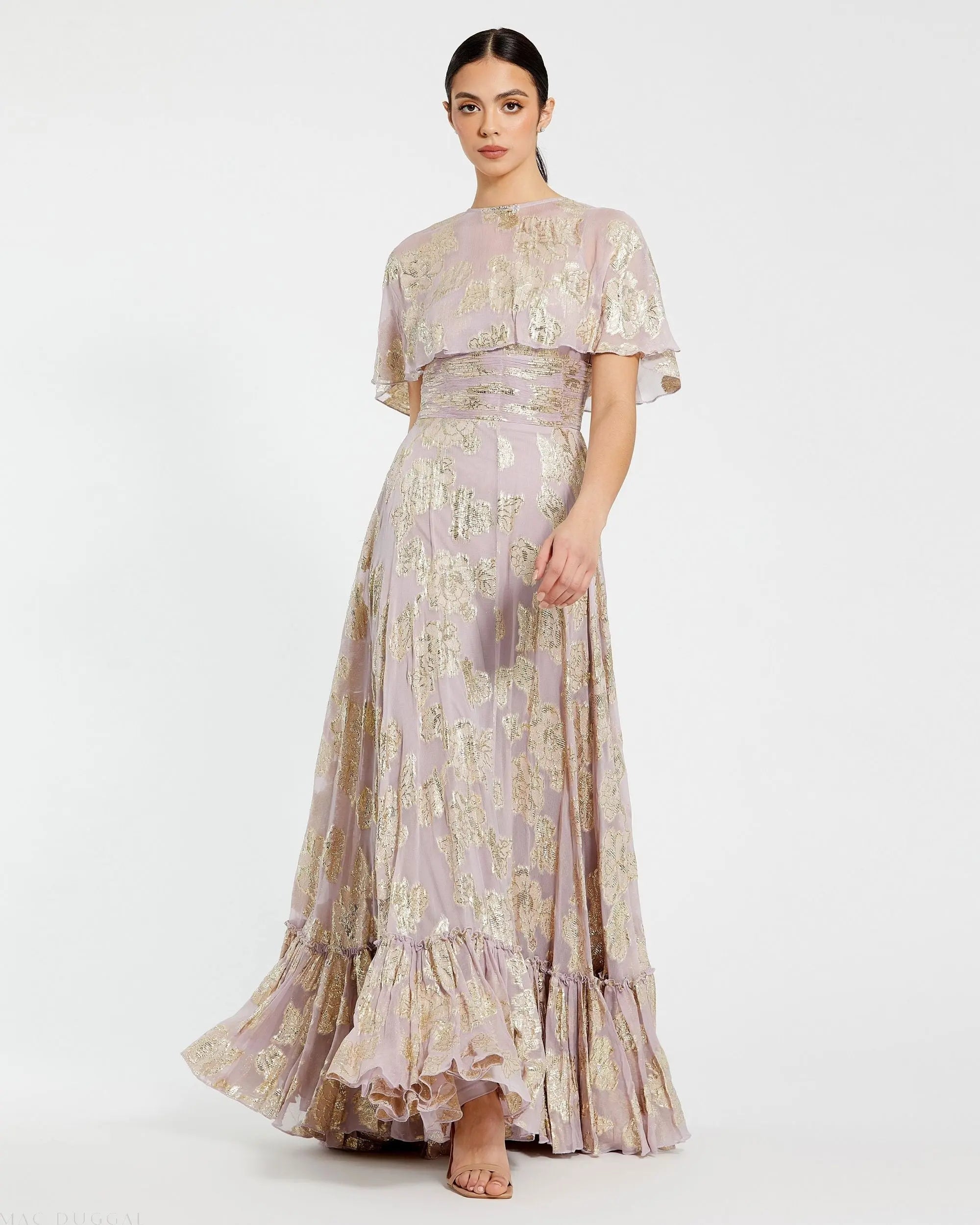 Purple Cape Sleeve A Line Floral Chiffon Gown-Myartka