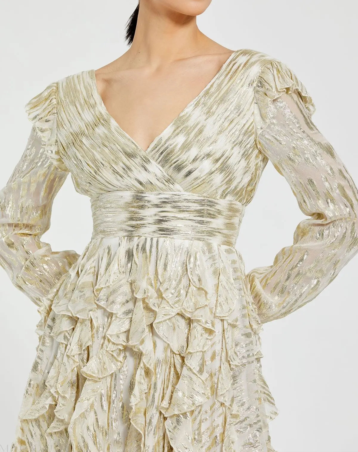 White and Gold Long Sleeve Ruffle Mini Dress-Myartka