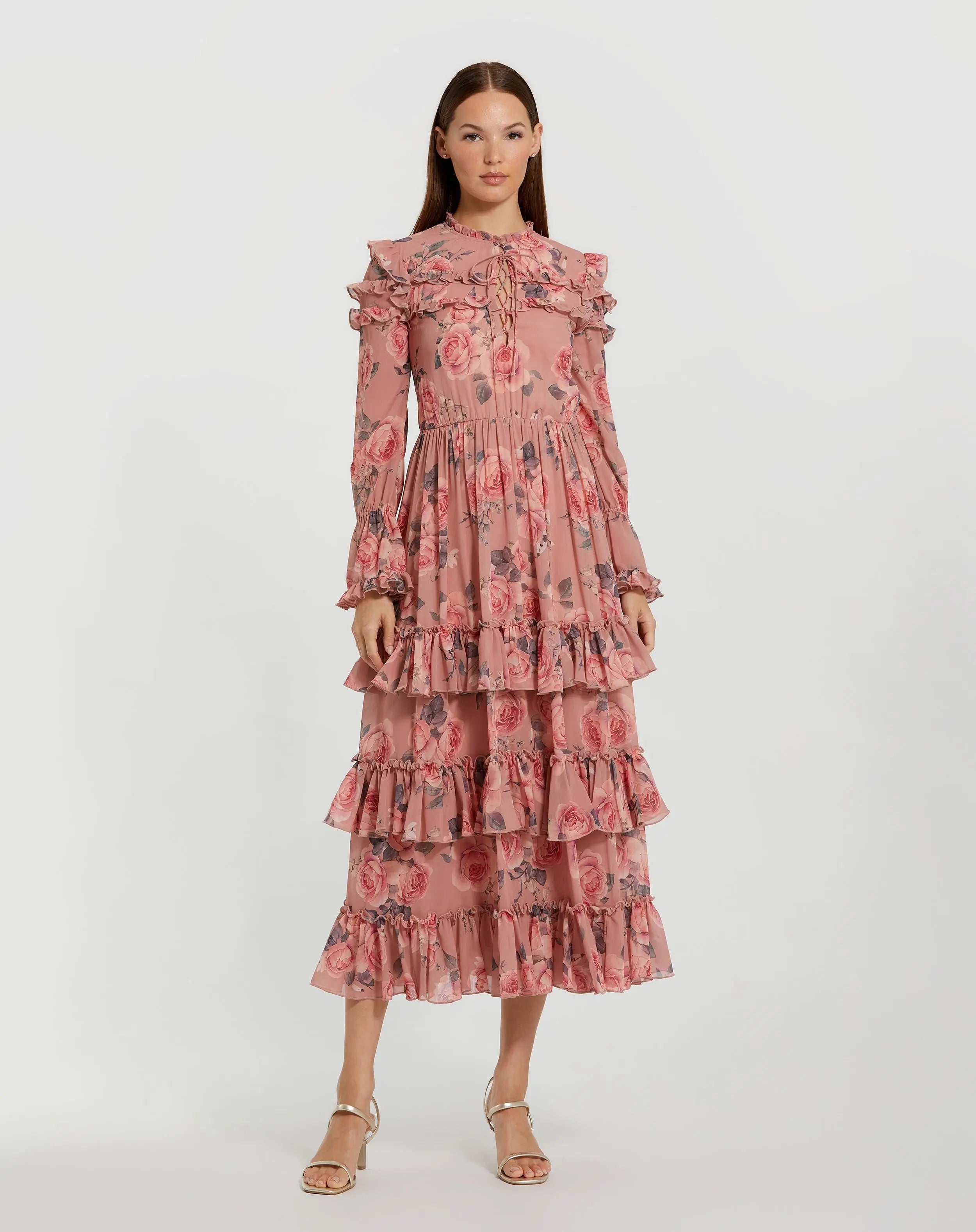 Pink Long Sleeve Lace Up Front Tiered Ruffle Dress-Myartka