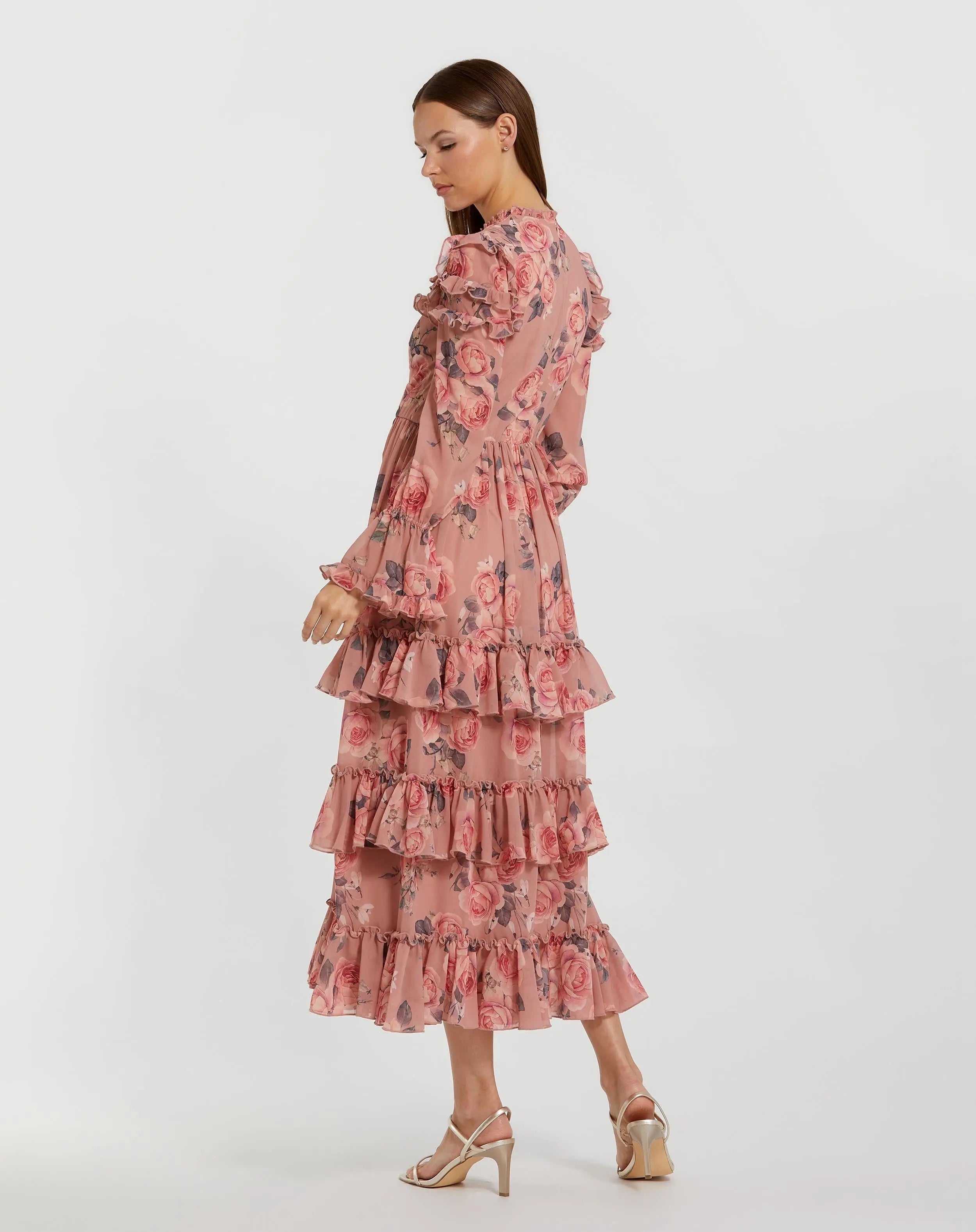 Pink Long Sleeve Lace Up Front Tiered Ruffle Dress-Myartka