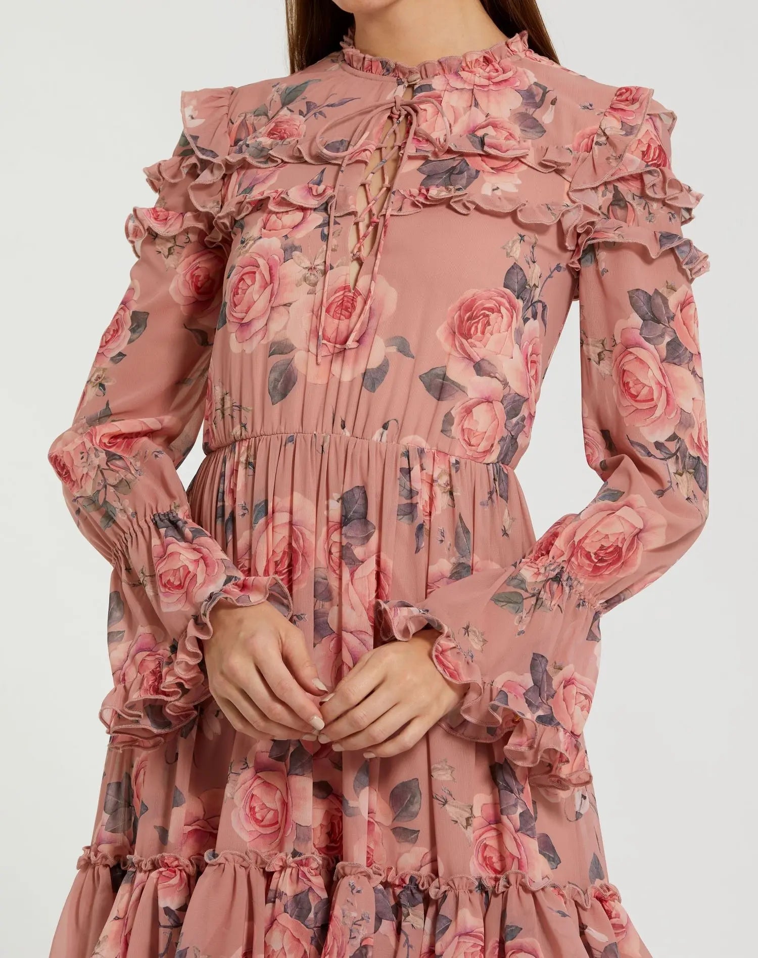 Pink Long Sleeve Lace Up Front Tiered Ruffle Dress-Myartka