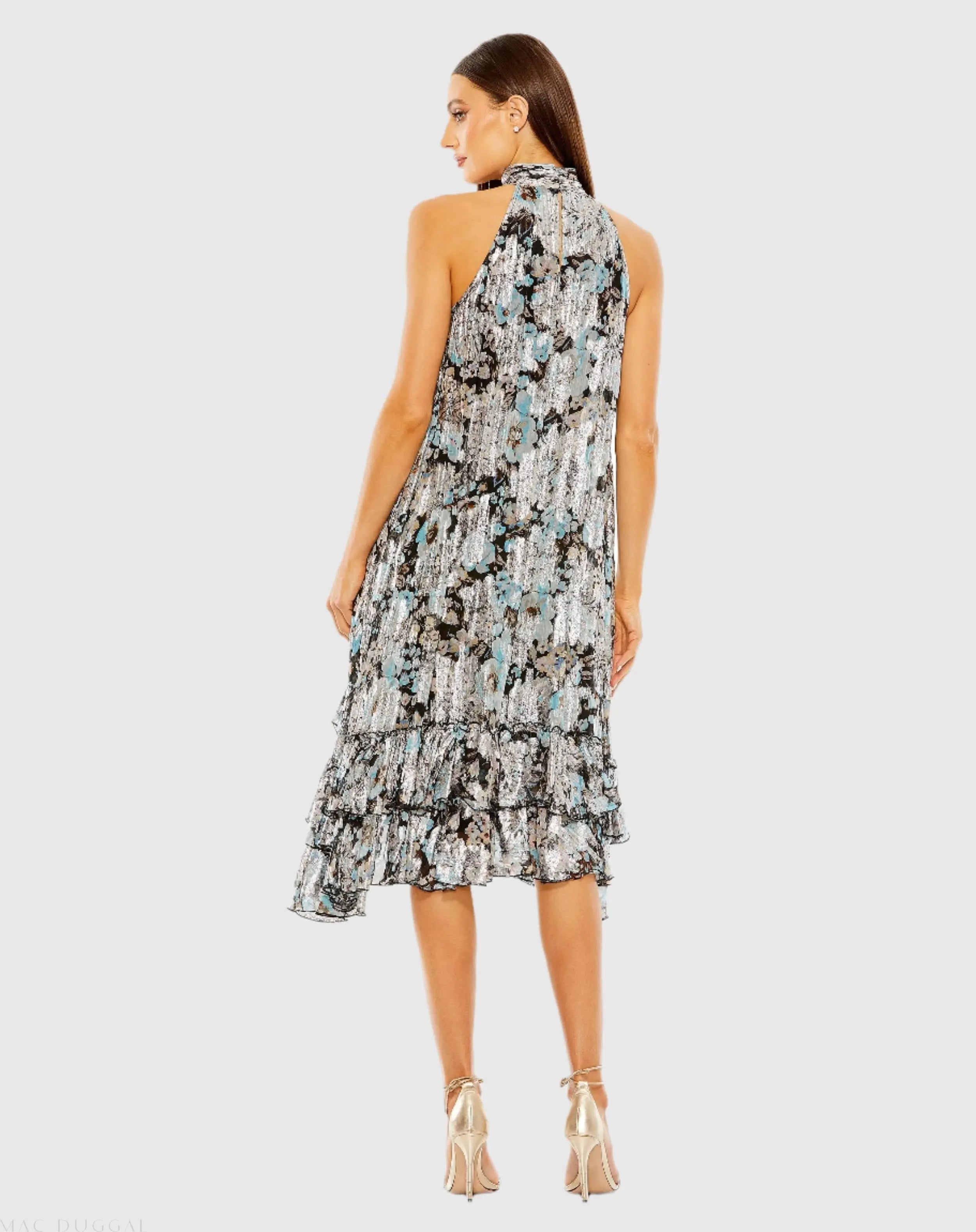 Black Floral High Neck Keyhole Ruffle Mini Dress-Myartka