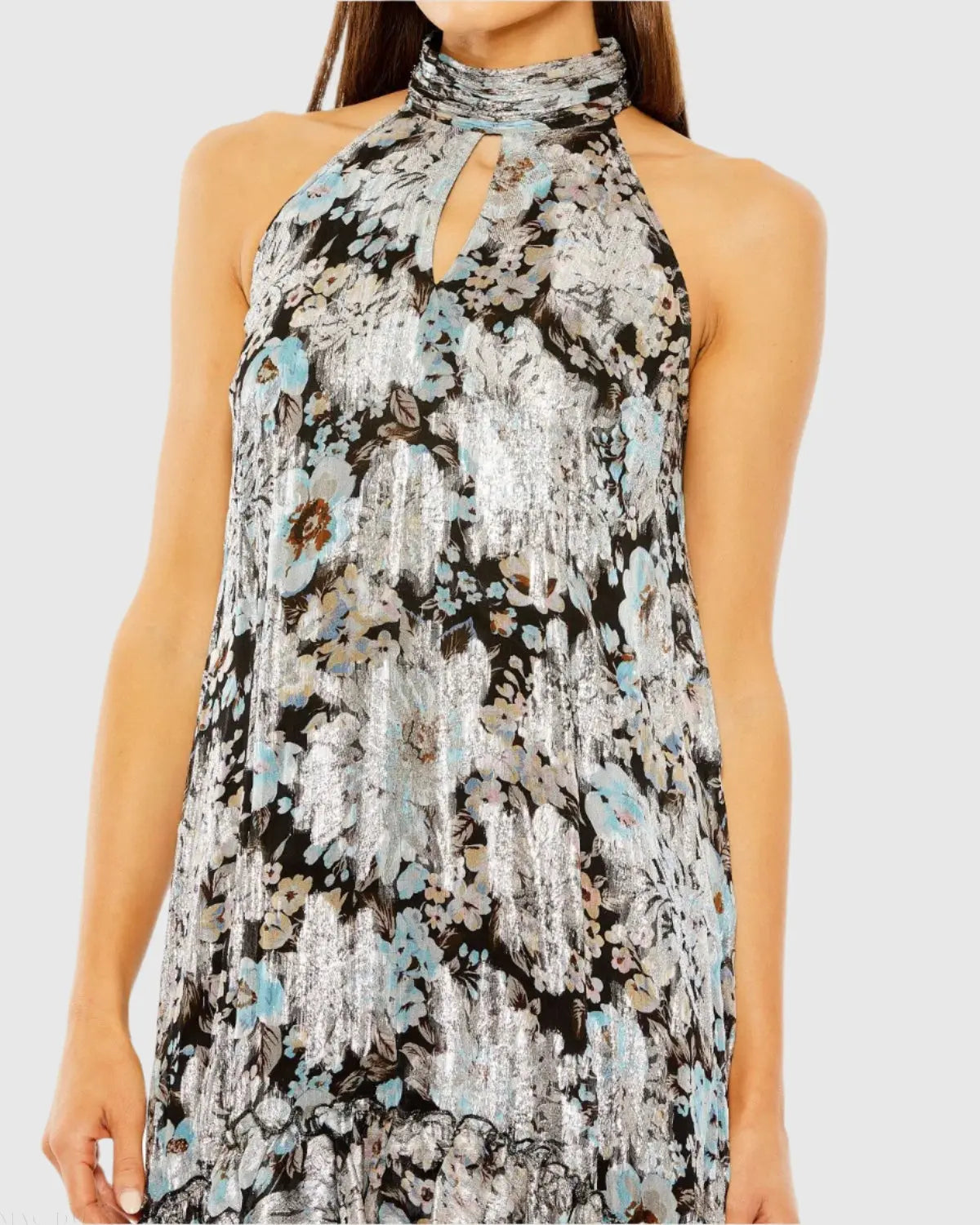 Black Floral High Neck Keyhole Ruffle Mini Dress-Myartka