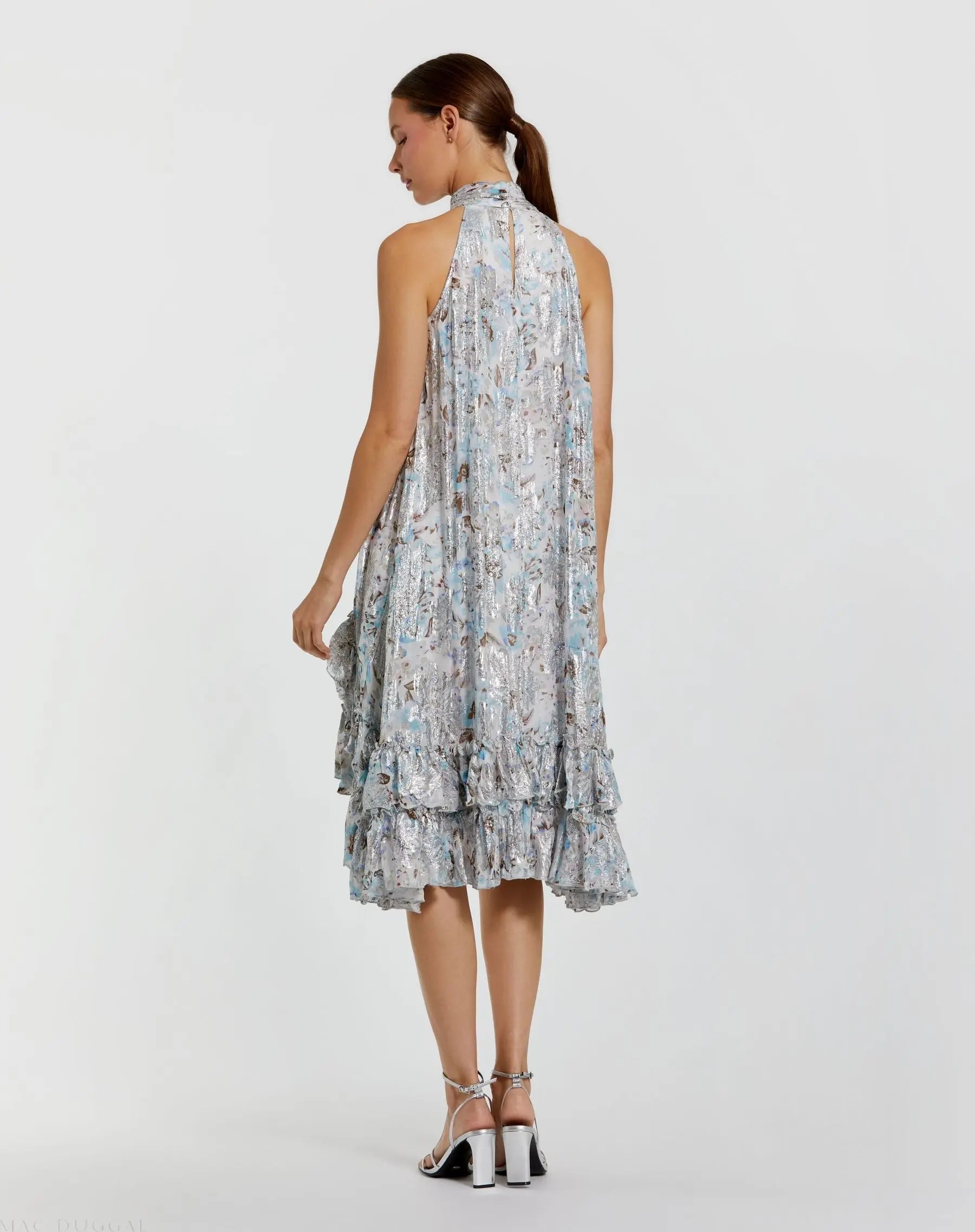 Multicolor Floral High Neck Keyhole Ruffle Mini Dress-Myartka