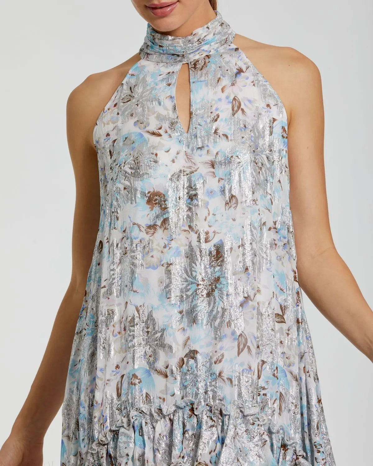 Multicolor Floral High Neck Keyhole Ruffle Mini Dress-Myartka