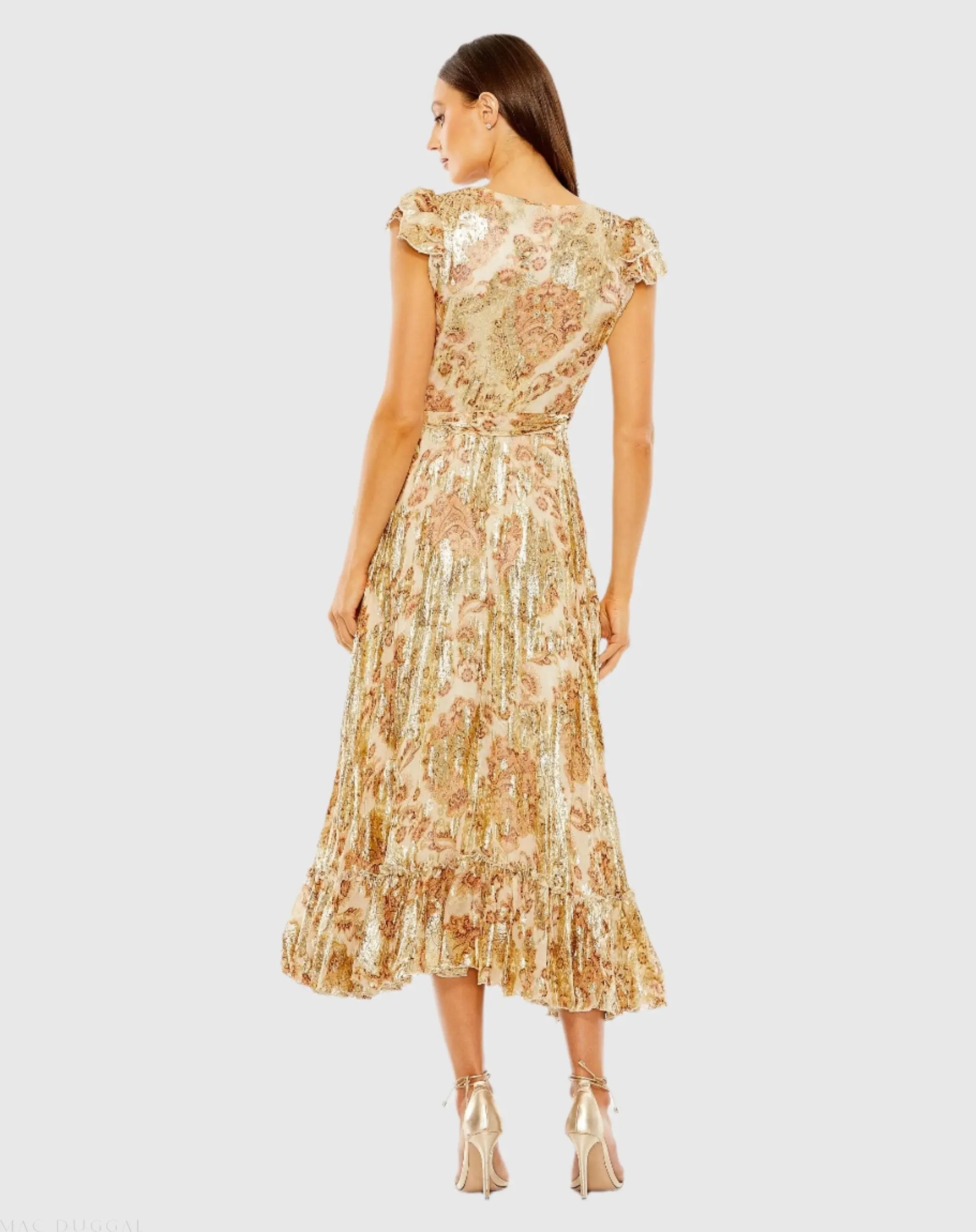 Beige Flutter Sleeve Floral Dress with Wrap Detail-Myartka