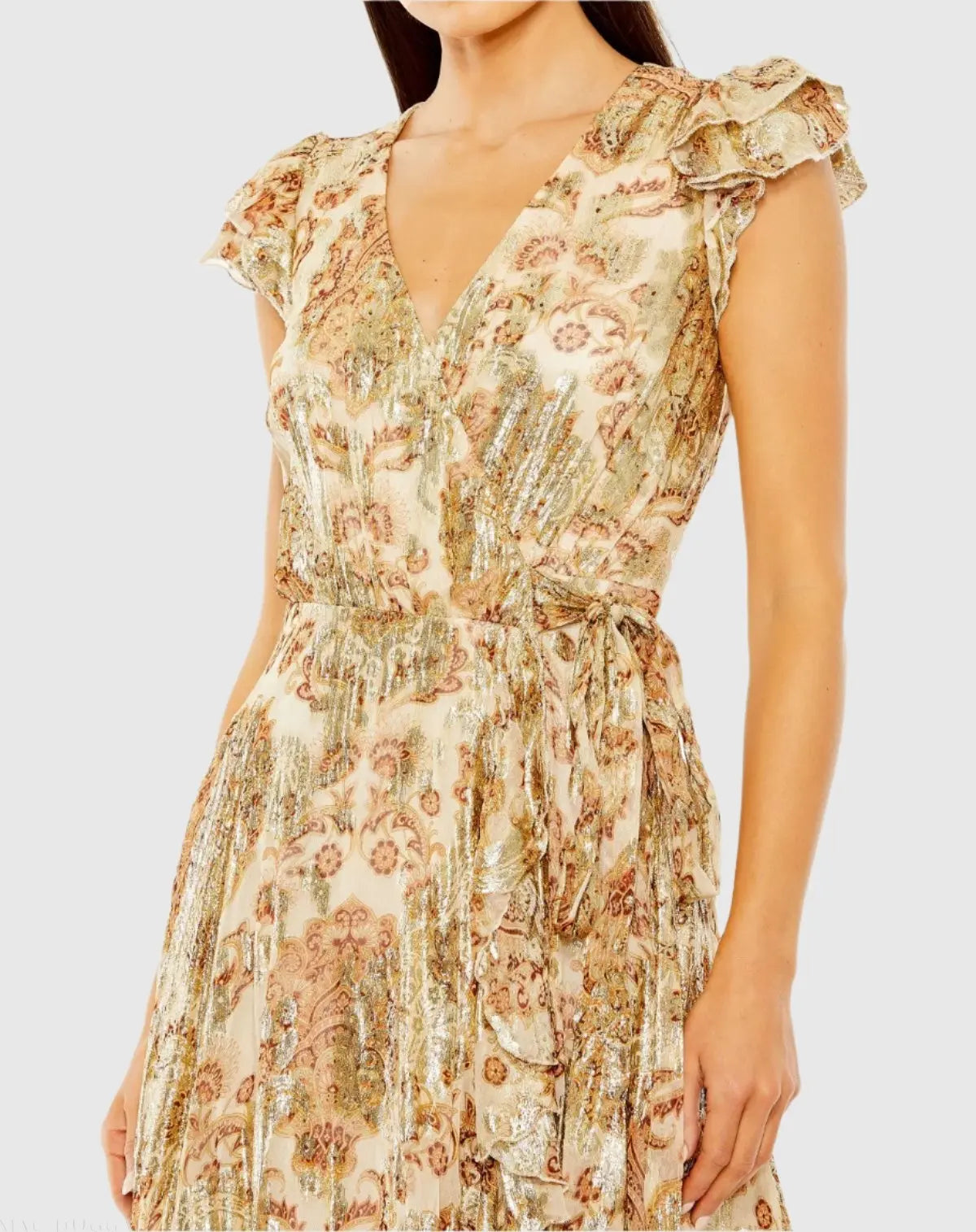 Beige Flutter Sleeve Floral Dress with Wrap Detail-Myartka