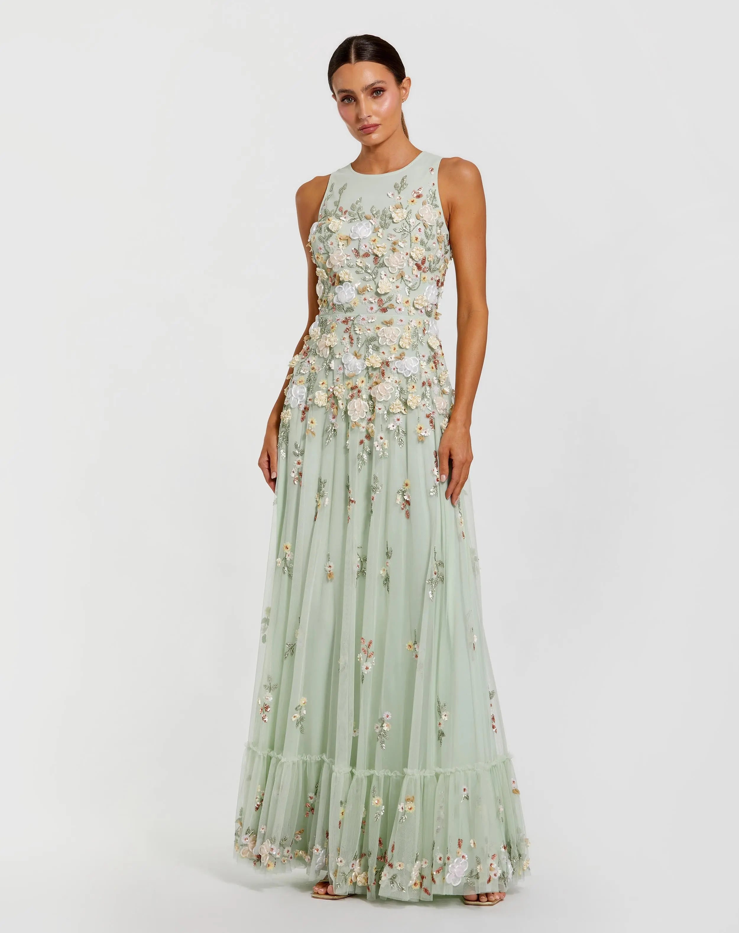 Green Floral Embellished High Neck Sleeveless Gown-Myartka