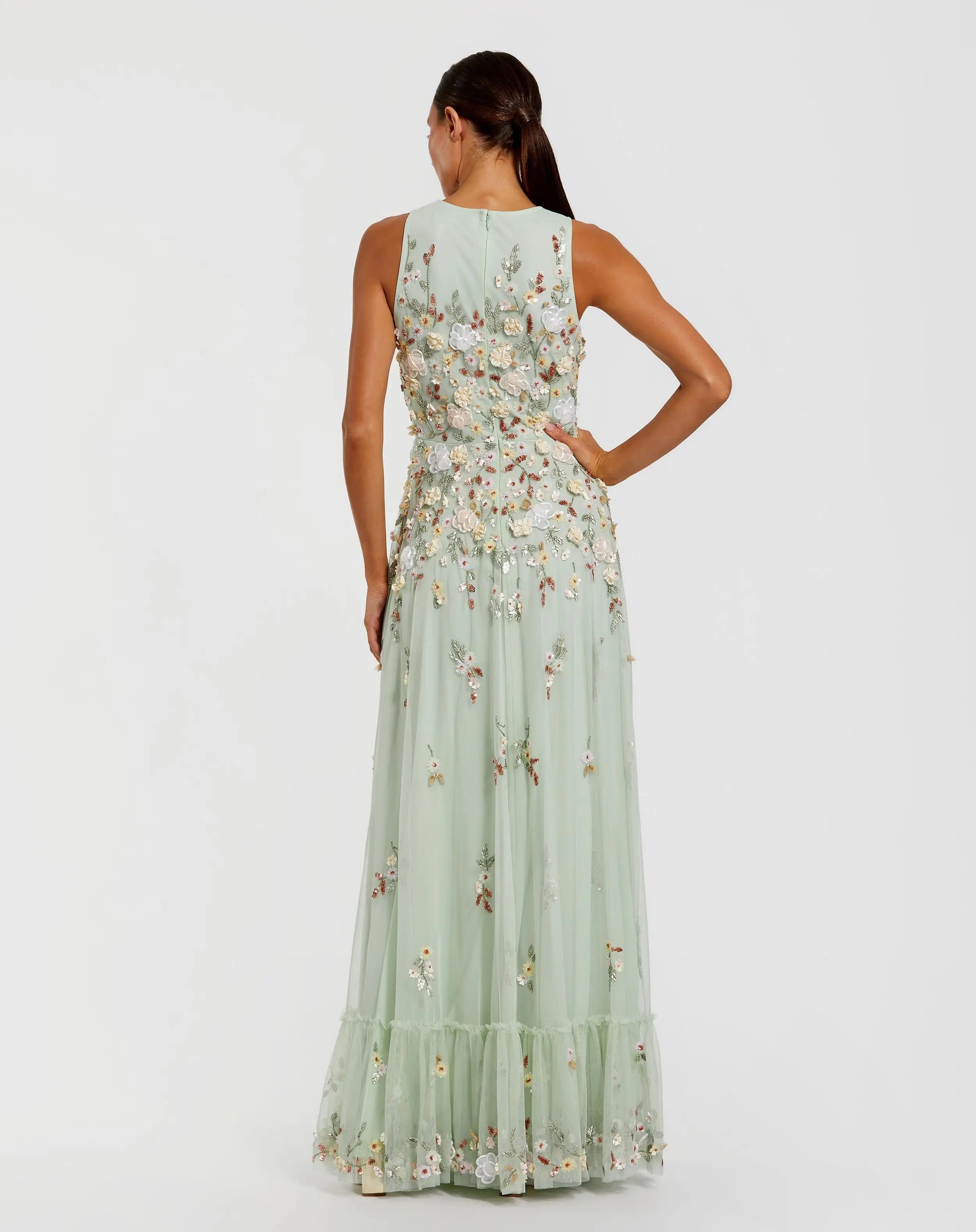 Green Floral Embellished High Neck Sleeveless Gown-Myartka