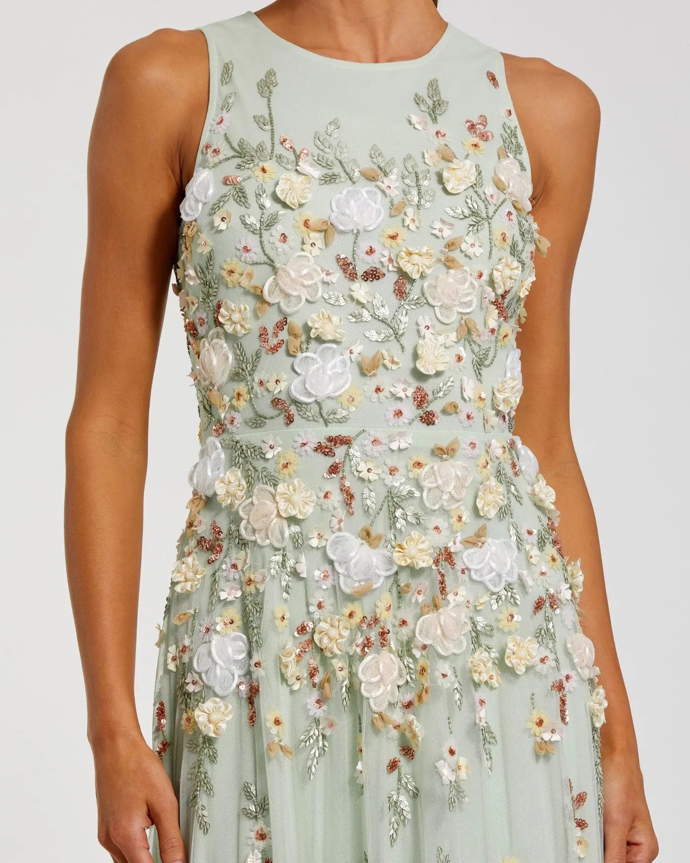 Green Floral Embellished High Neck Sleeveless Gown-Myartka