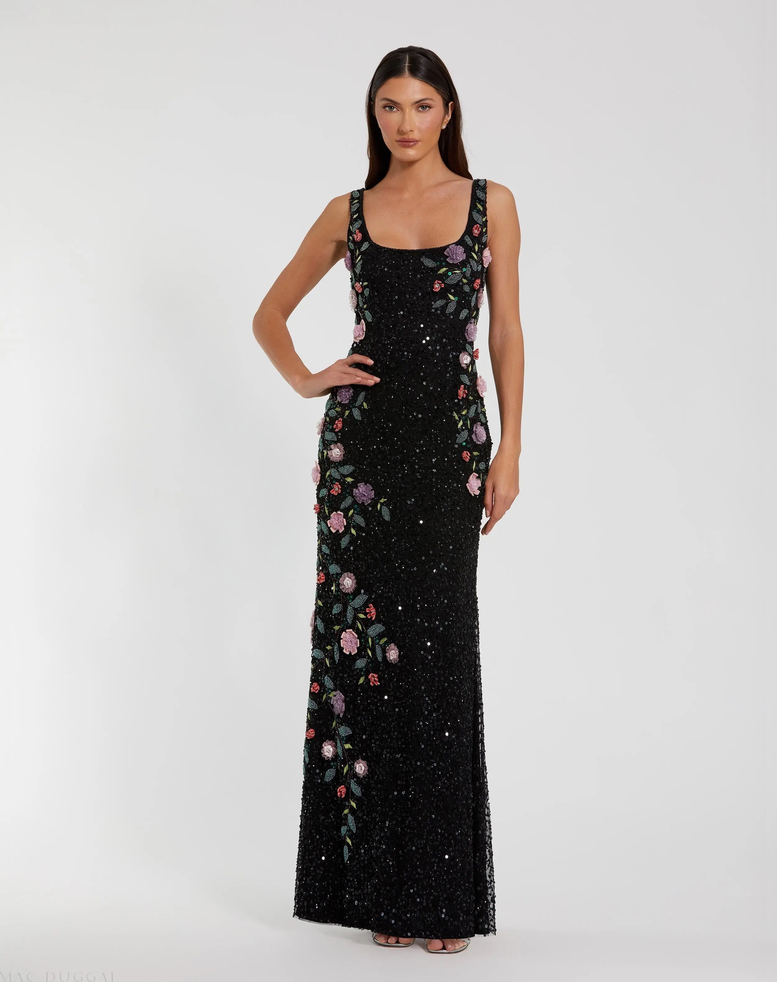 Black Floral Beaded Mesh Scoop Neck Sleeveless Gown-Myartka