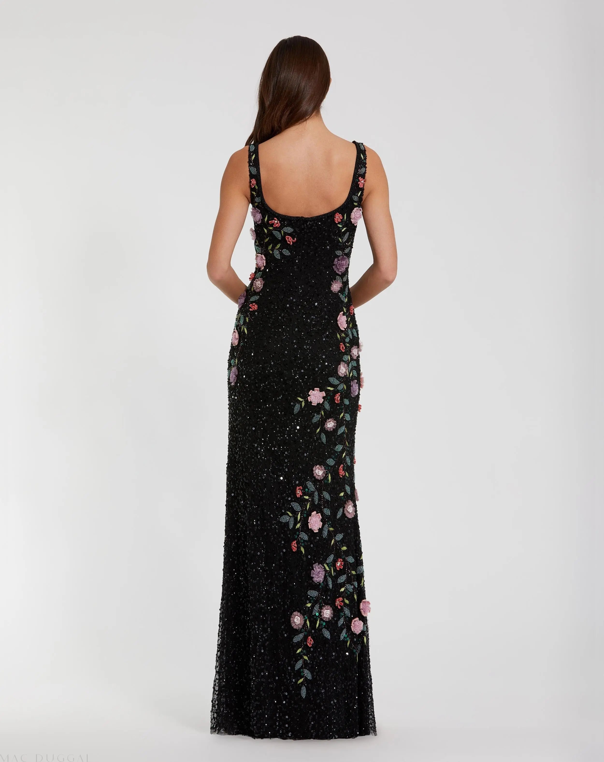 Black Floral Beaded Mesh Scoop Neck Sleeveless Gown-Myartka