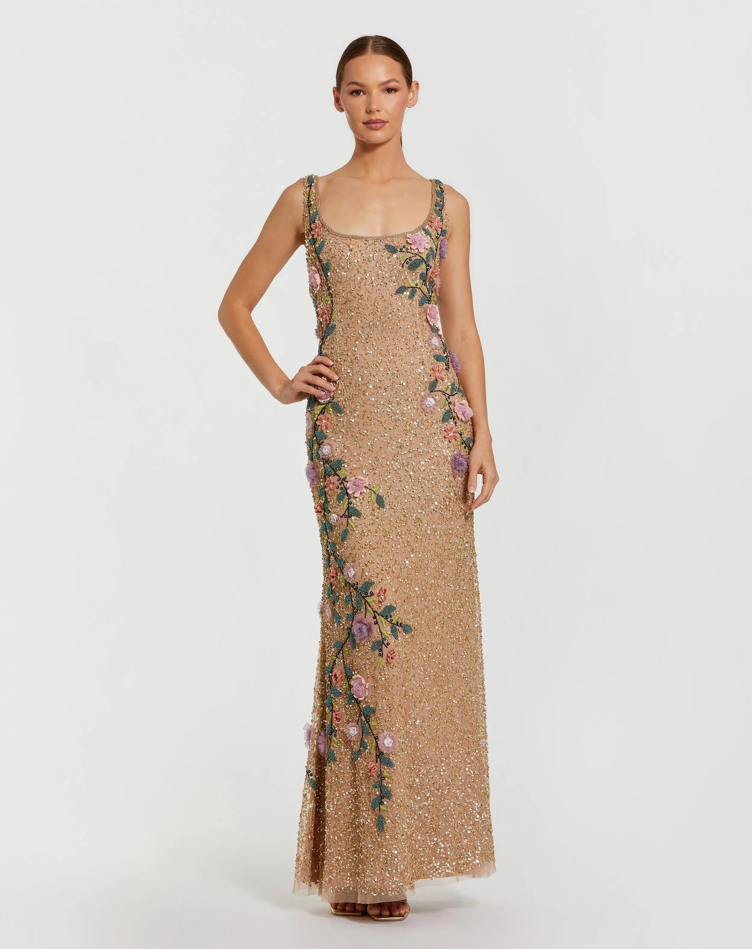 Beige Floral Beaded Mesh Scoop Neck Sleeveless Gown-Myartka