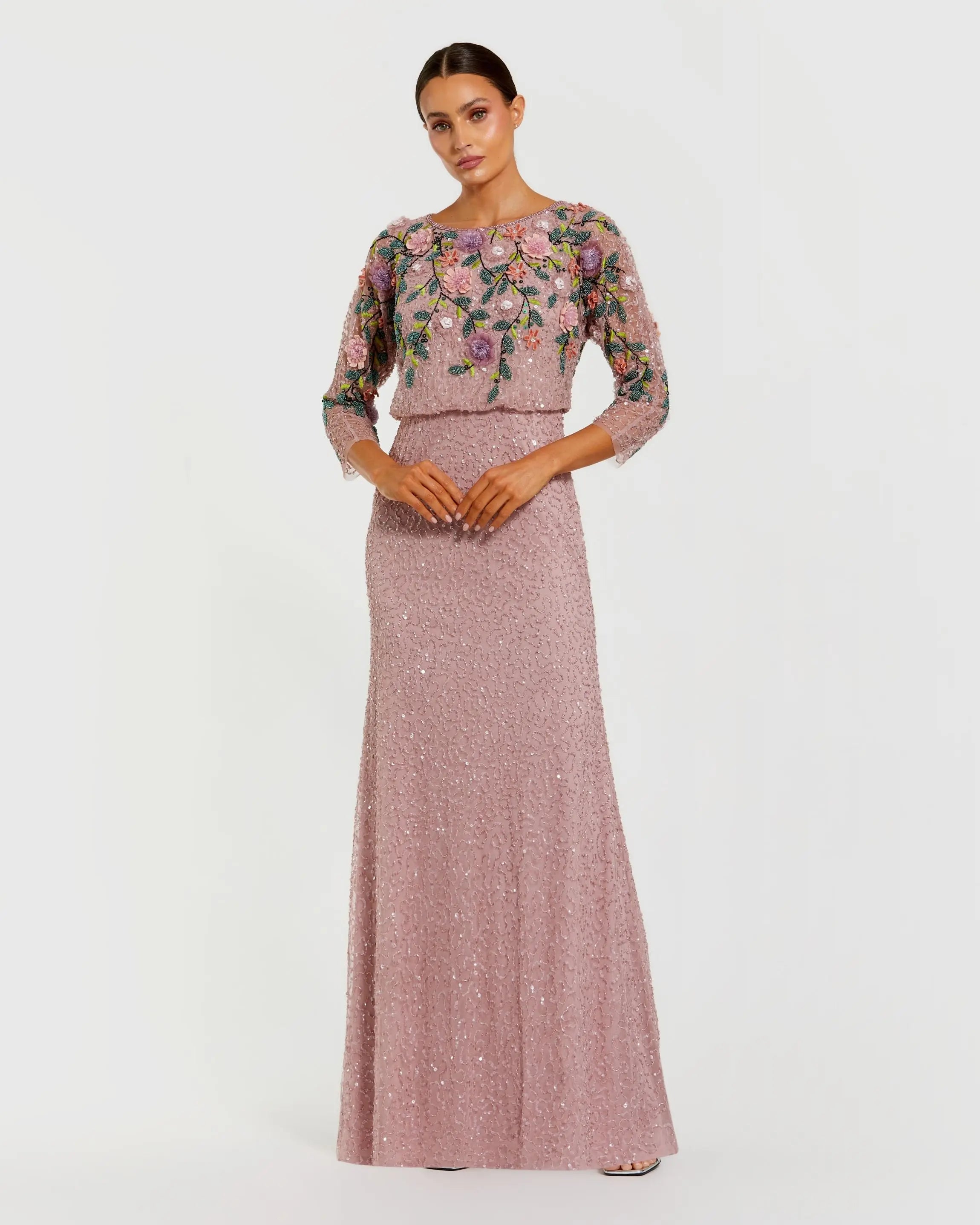 Purple Floral Embellished Long Sleeve Gown-Myartka